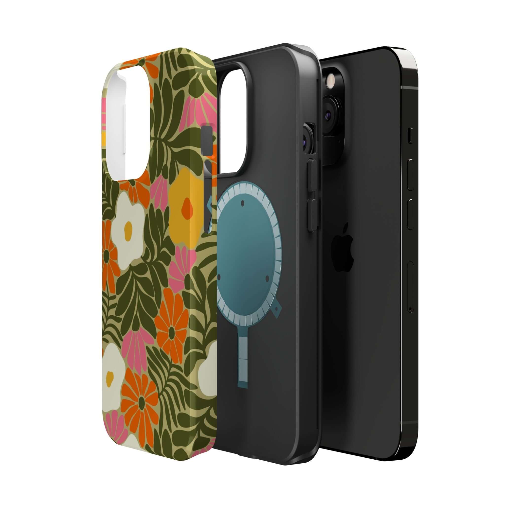 Retro beach vibes phone case with tropical floral design, showcasing cute Apple iPhone covers in vibrant colors.