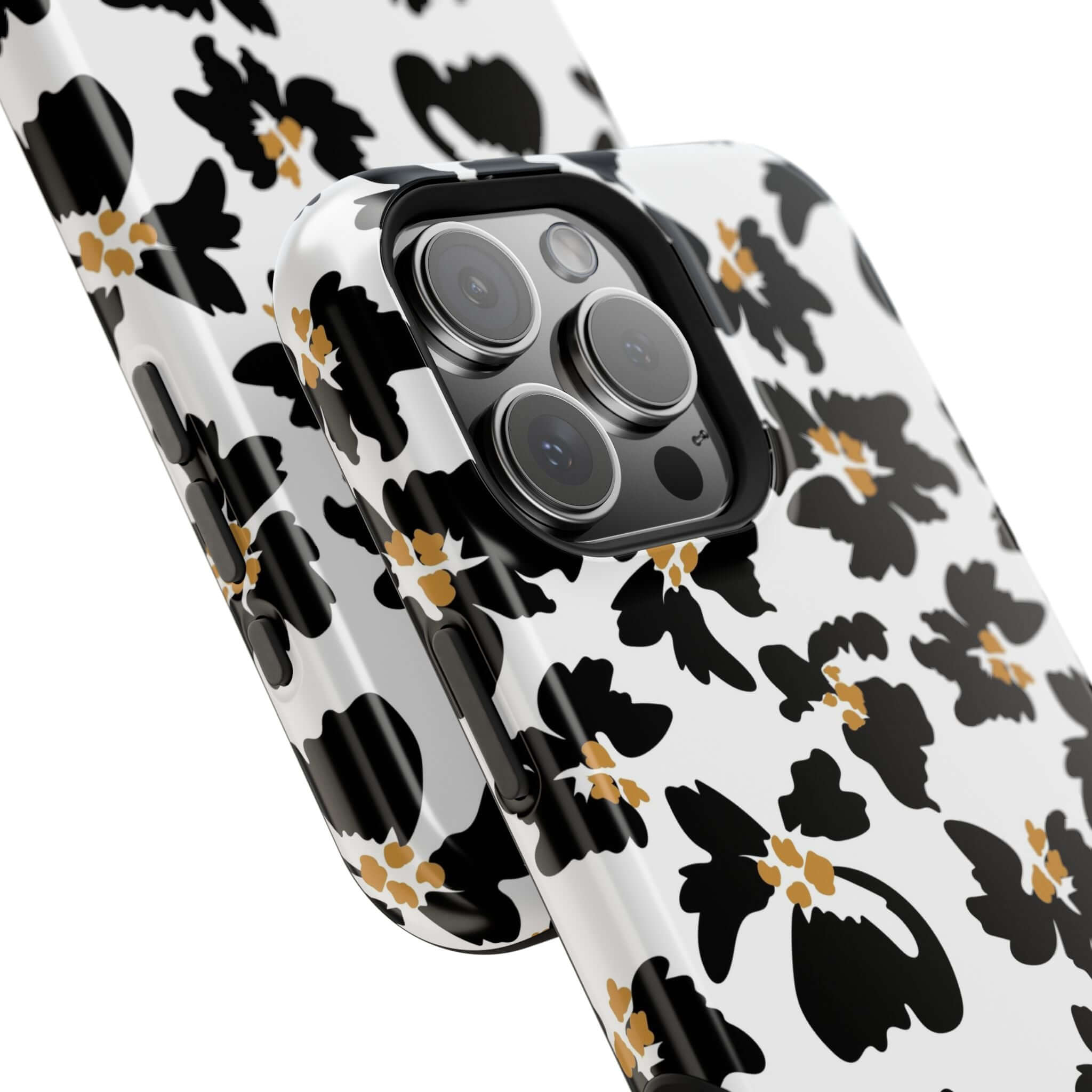 Modern Noir Flora Black Floral iPhone Case with Cute Animal Print and MagSafe, Offers Stylish Protection for Fashion-Forward Users