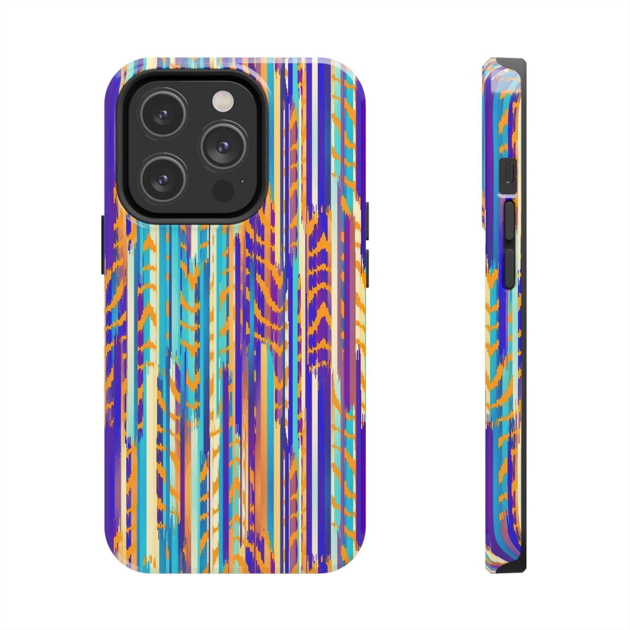 Colorful iPhone case with abstract tie dye design, showcasing vibrant purple, orange, and blue patterns for a cute, unique look.