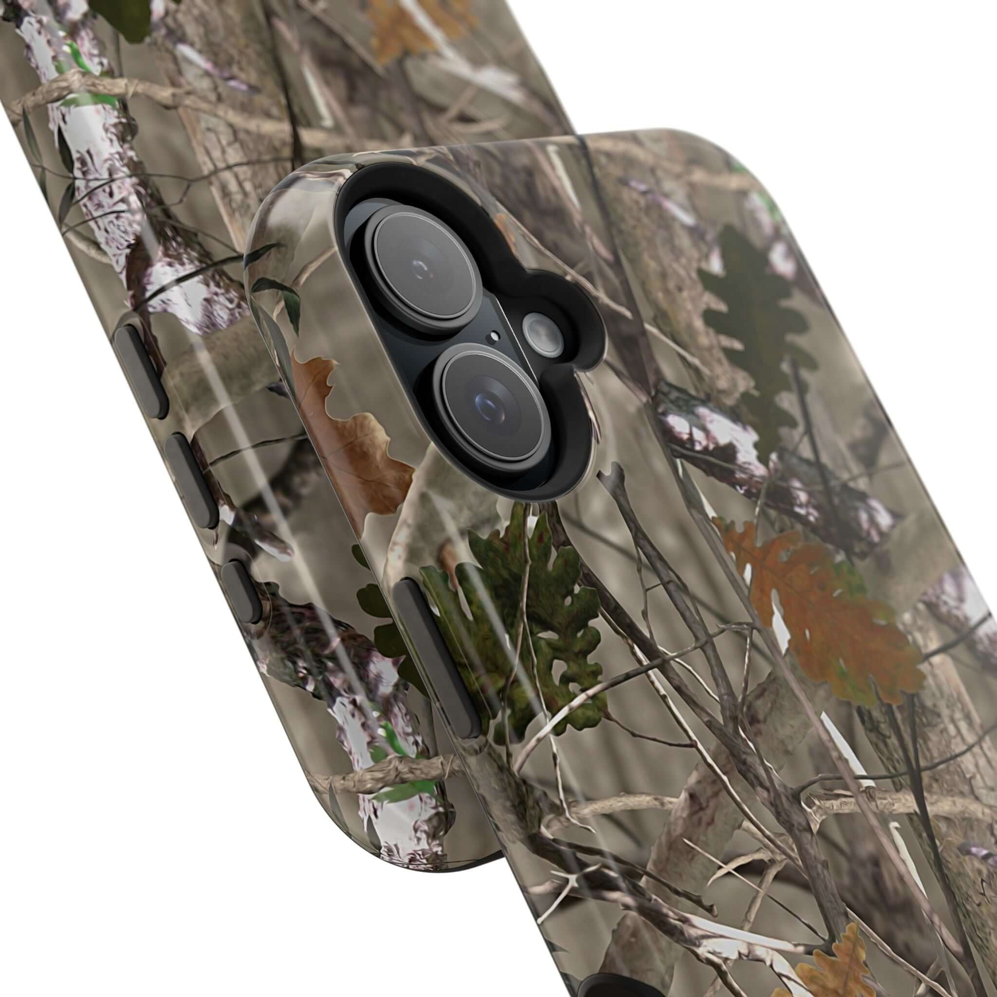 Modern forest camo phone case with animal print design, compatible with MagSafe technology, for a cute and stylish iPhone accessory.