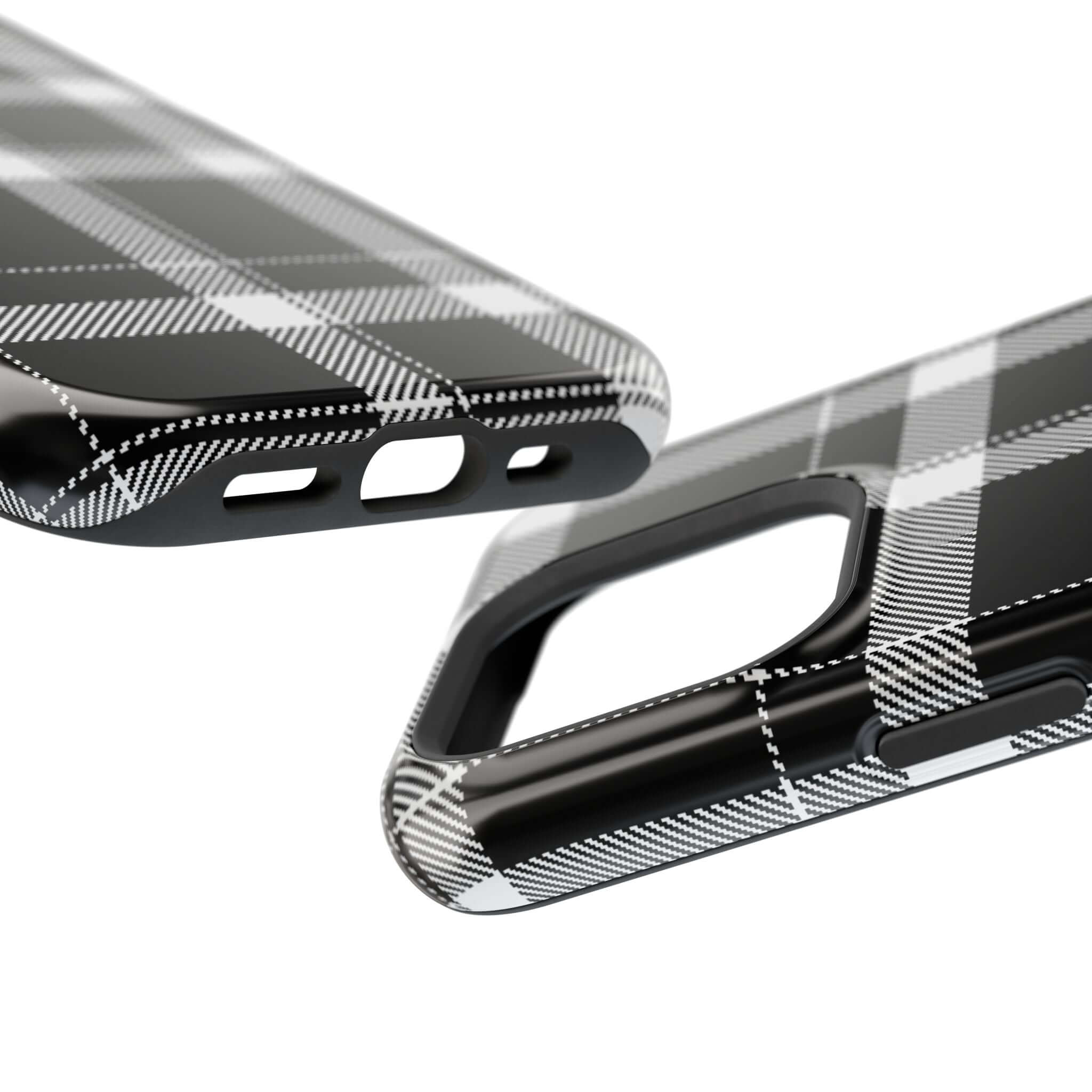 Close-up of a black plaid phone case showcasing stylish design, perfect cute phone cover for Apple iPhone.