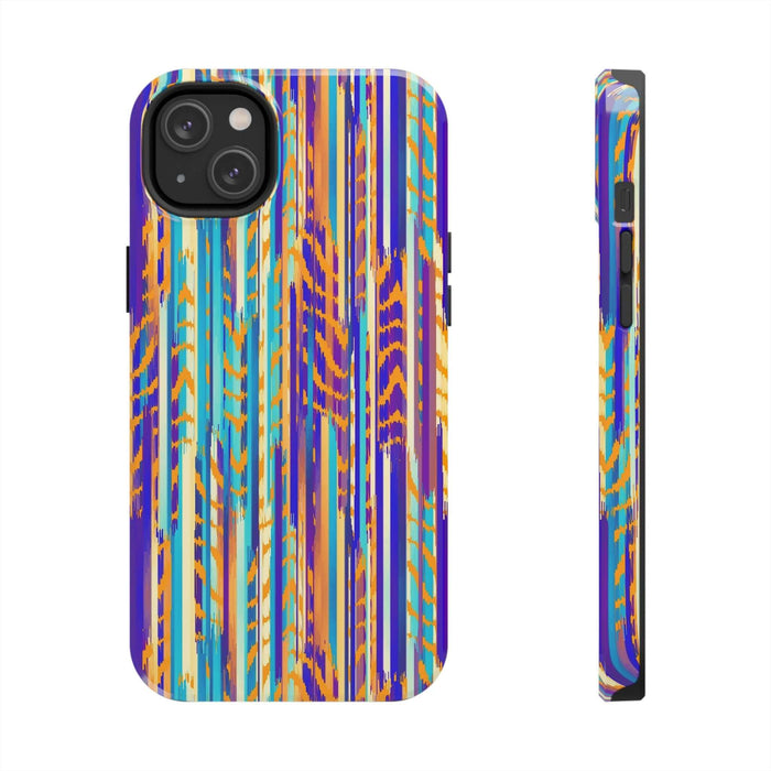 Colorful iPhone case with abstract tie dye design, featuring vibrant vertical stripes in blue, orange, and purple.