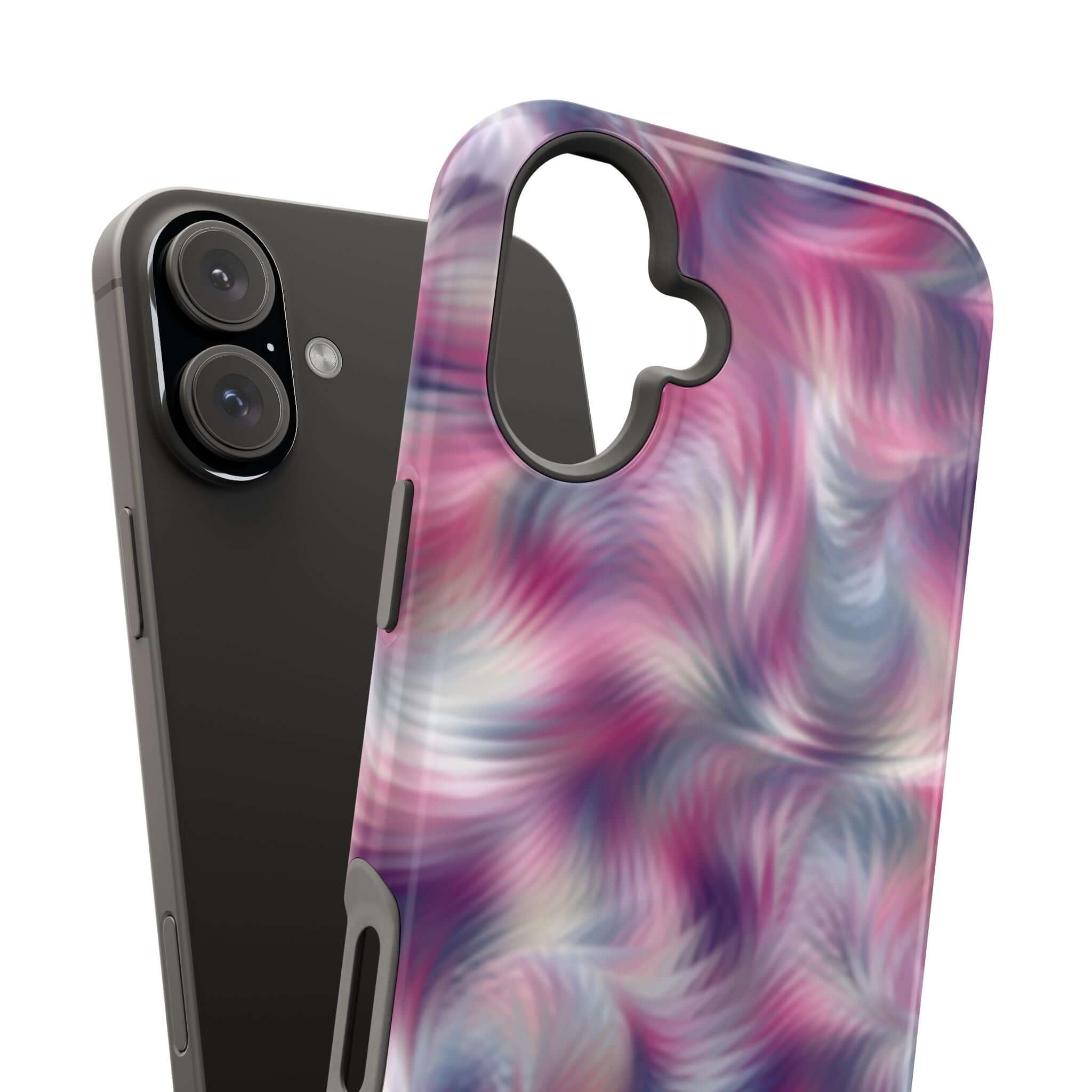 MagSafe iPhone case with cute purple tie dye swirl design, offering a quirky and playful touch to your phone cover.