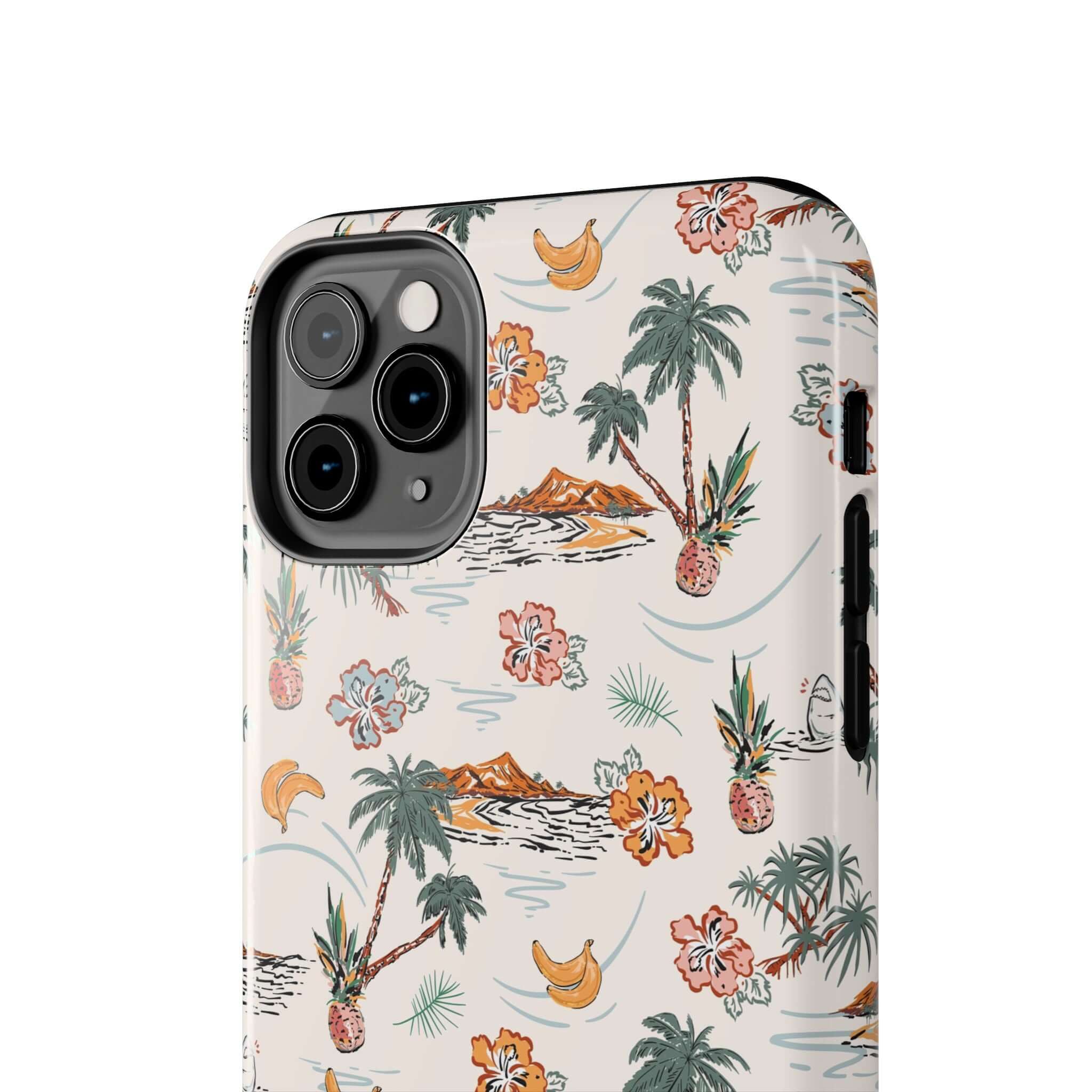 Cute iPhone 14 beach case with tropical palm tree design, perfect for vacations. Free shipping on this protective phone cover.