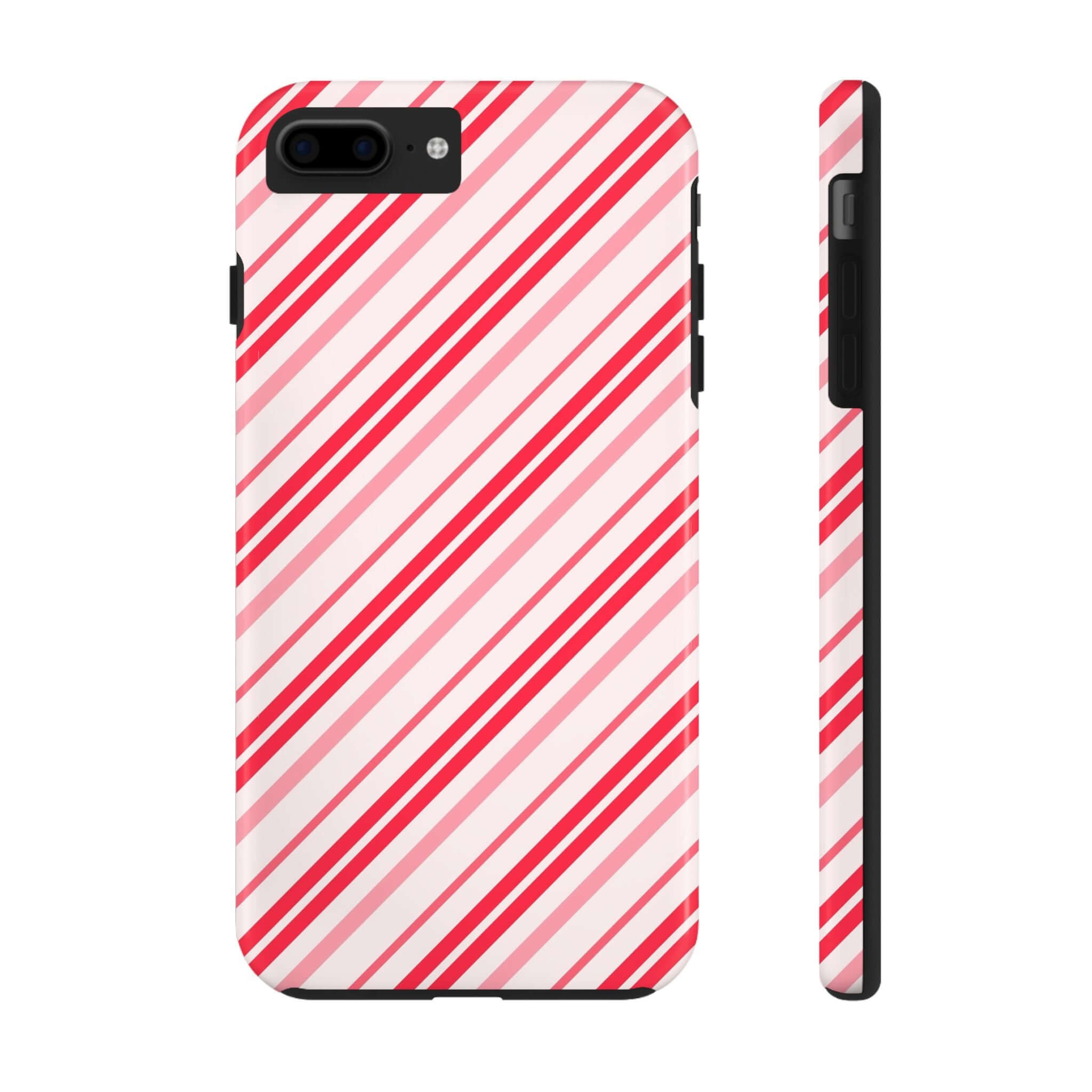 Cute iPhone case with red and white stripes, perfect holiday phone case design for Christmas. Customizable festive accessory.