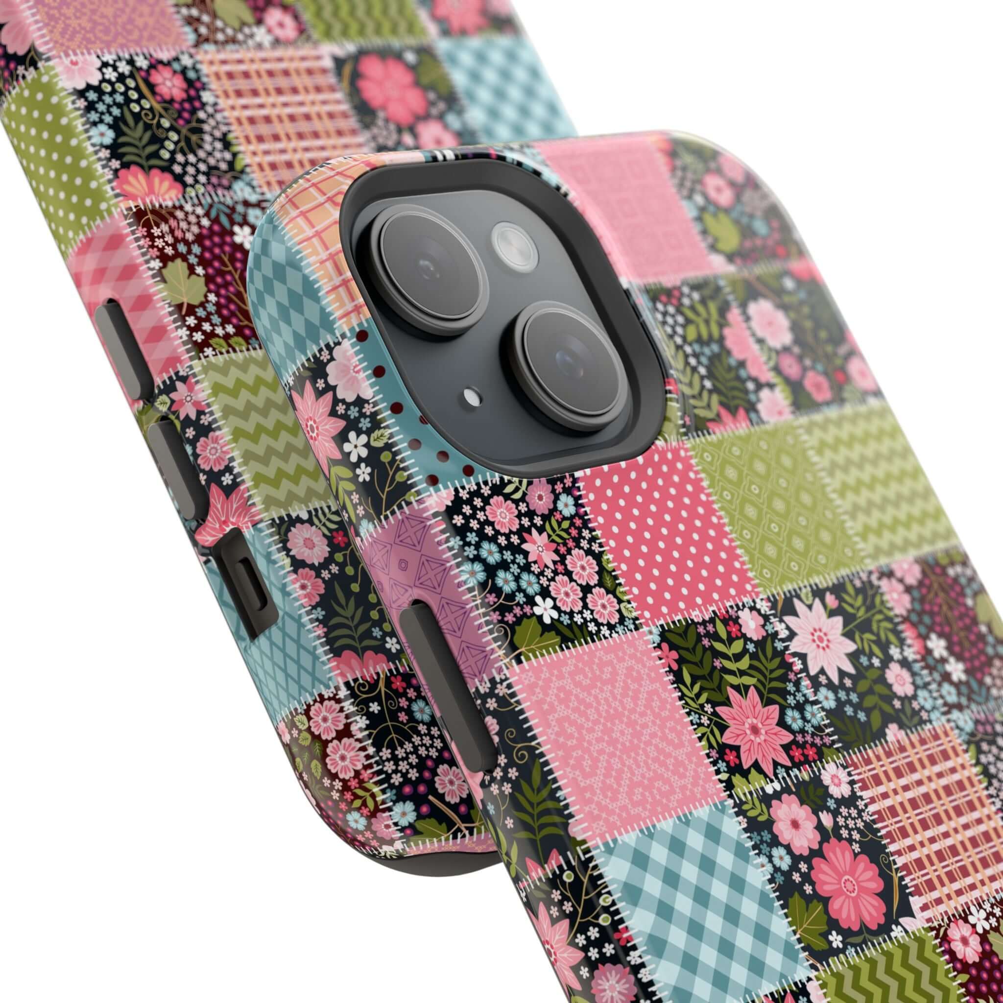 Flora Forage wildflower patchwork MagSafe iPhone case, a cute floral phone cover for free spirits, granola girl vibes.