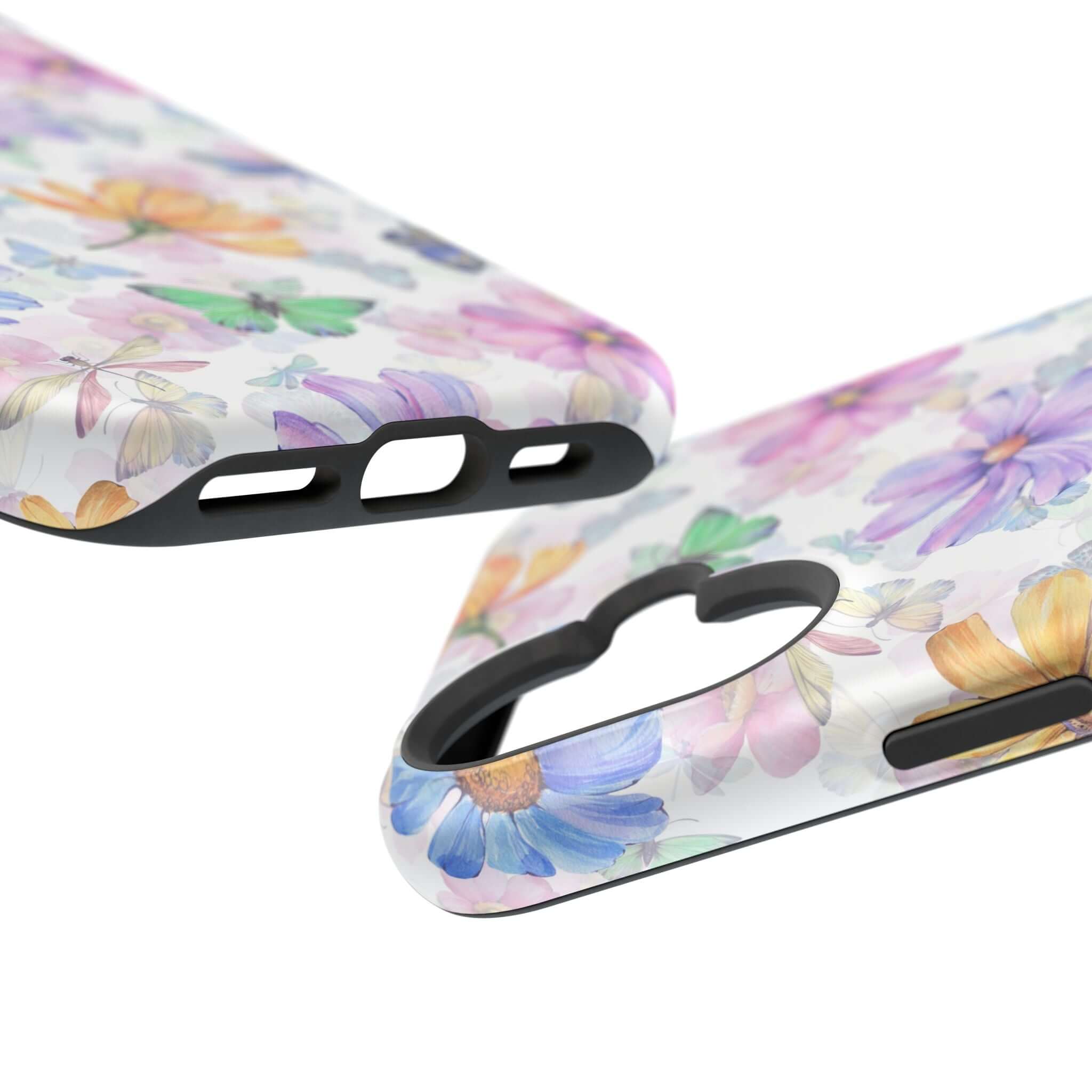 Close-up of Fluttering Blooms Watercolor Butterfly iPhone 16 Case, showcasing cute MagSafe compatible protective floral design.