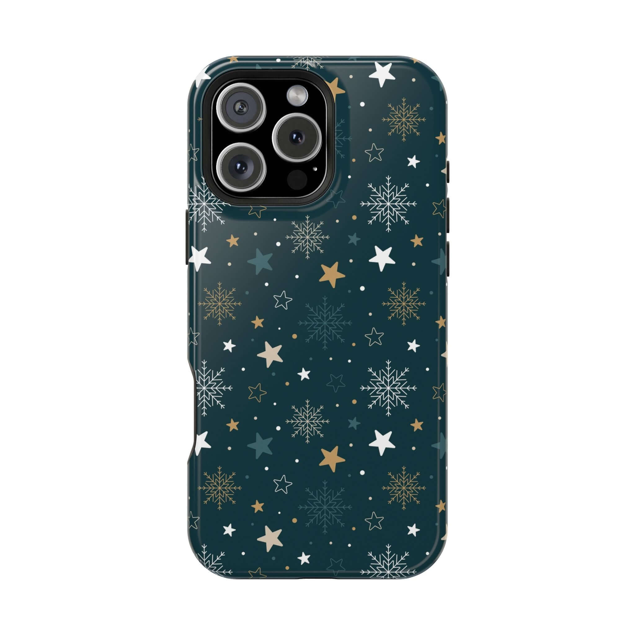 Frosted Wishes Christmas phone case with snowflakes and stars, featuring secure MagSafe technology for festive holiday cheer.