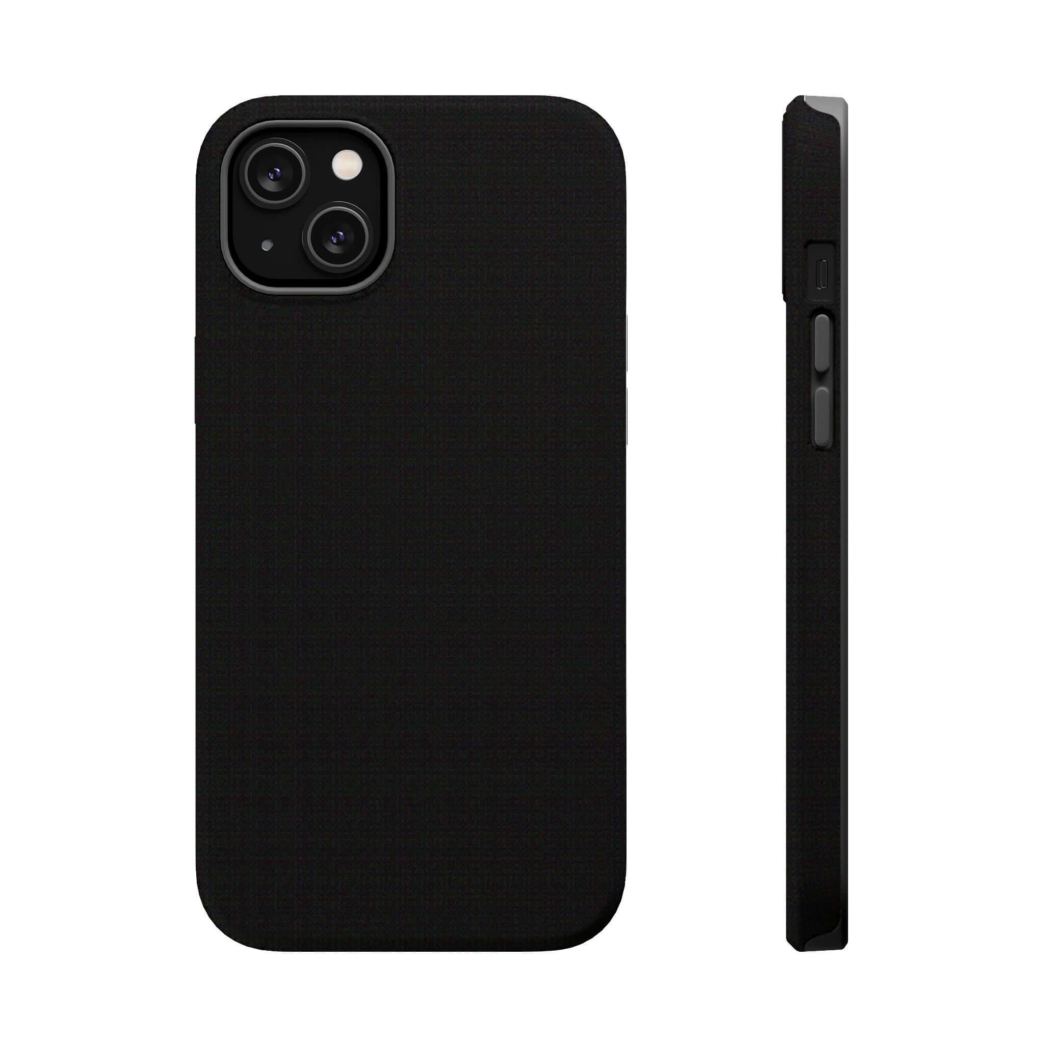 Solid black iPhone case with durable material, side and back view. Cute phone case, free shipping.