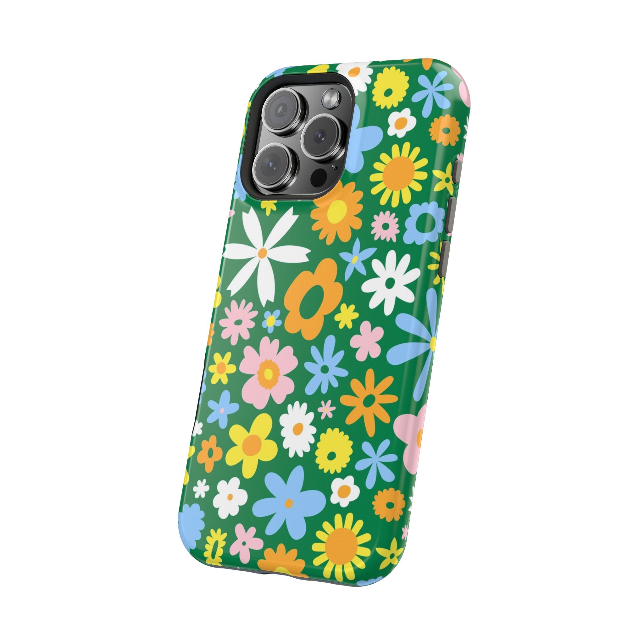 Colorful floral MagSafe iPhone case with vibrant flowers and green background, perfect for a cute, hippie phone cover style.