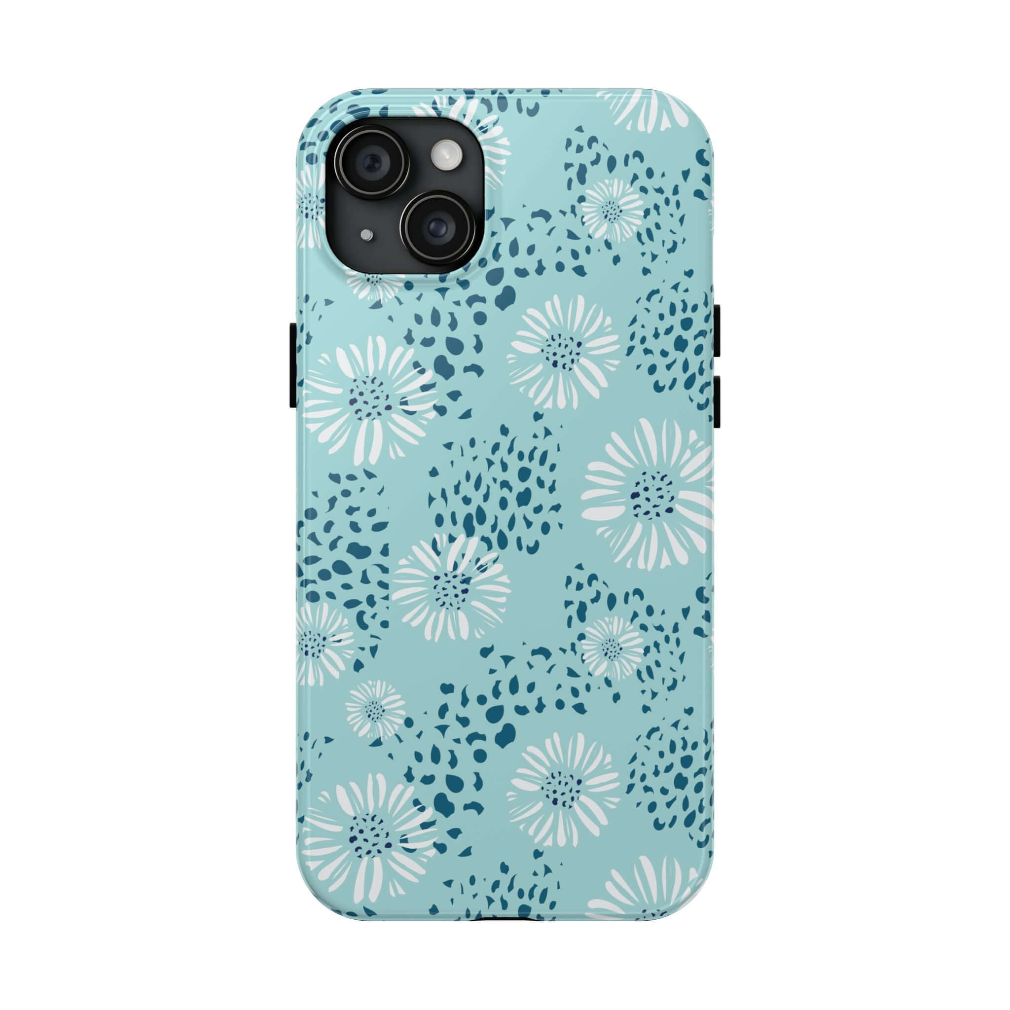 Floral beach phone case with teal design for iPhone and Samsung, featuring white flowers and a summer coastal aesthetic.