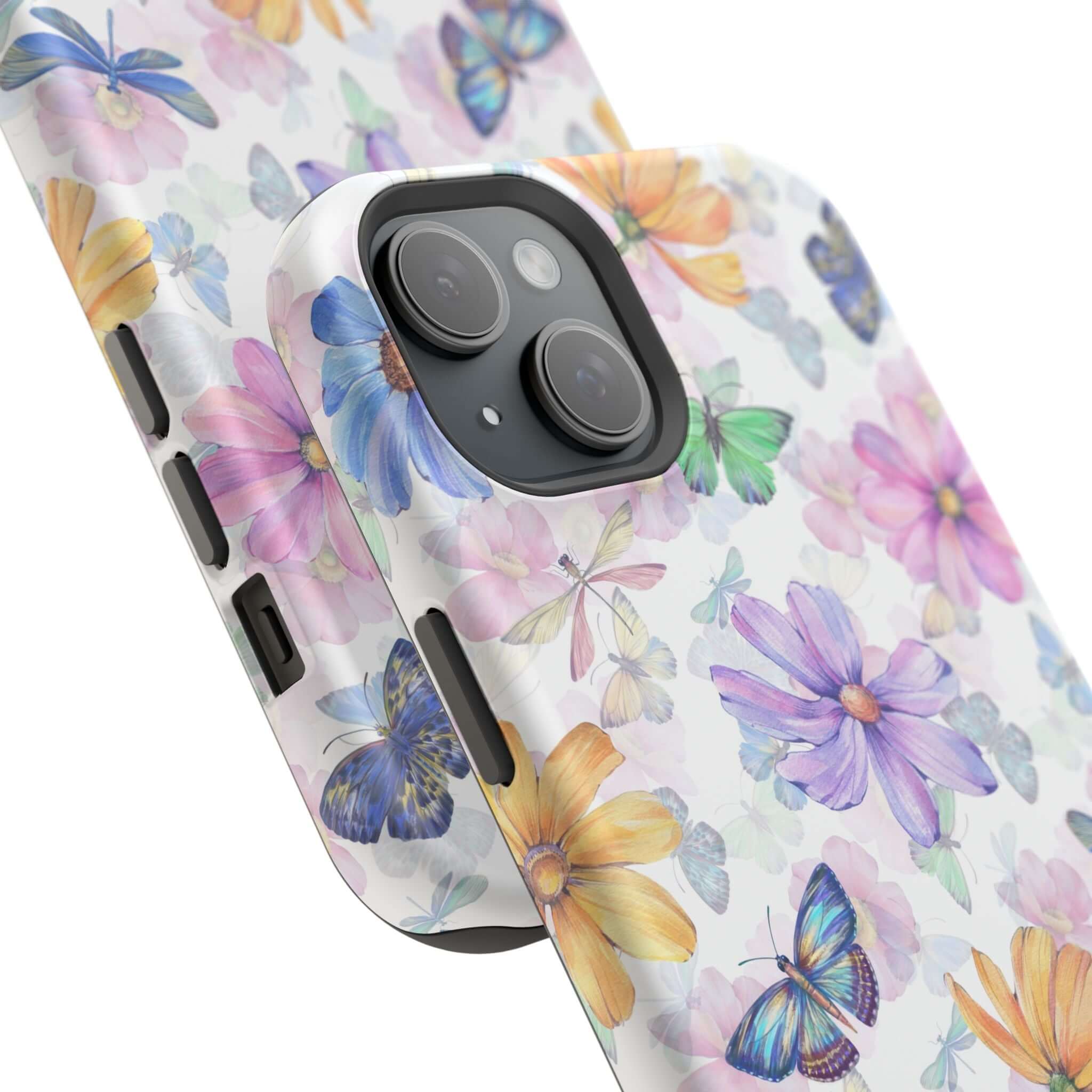 MagSafe compatible iPhone 16 case with cute watercolor butterfly and flower design, Fluttering Blooms iPhone case for stylish protection