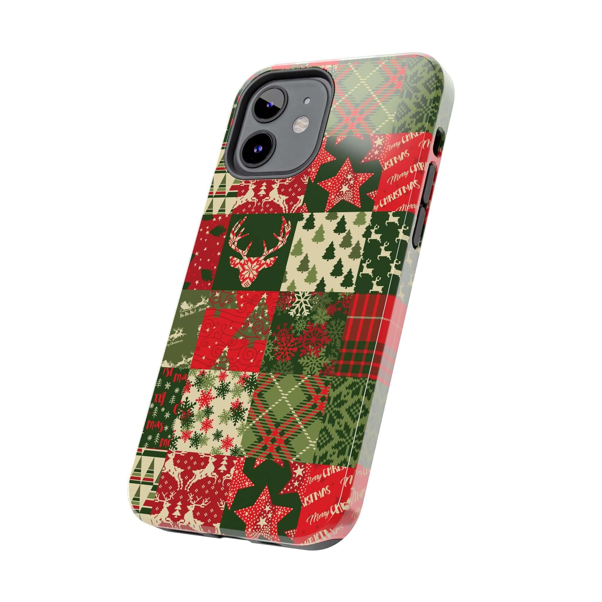 Festive green holiday phone case with Christmas trees, Santa, snowflakes, and patchwork design. Cute custom iPhone case for the season.