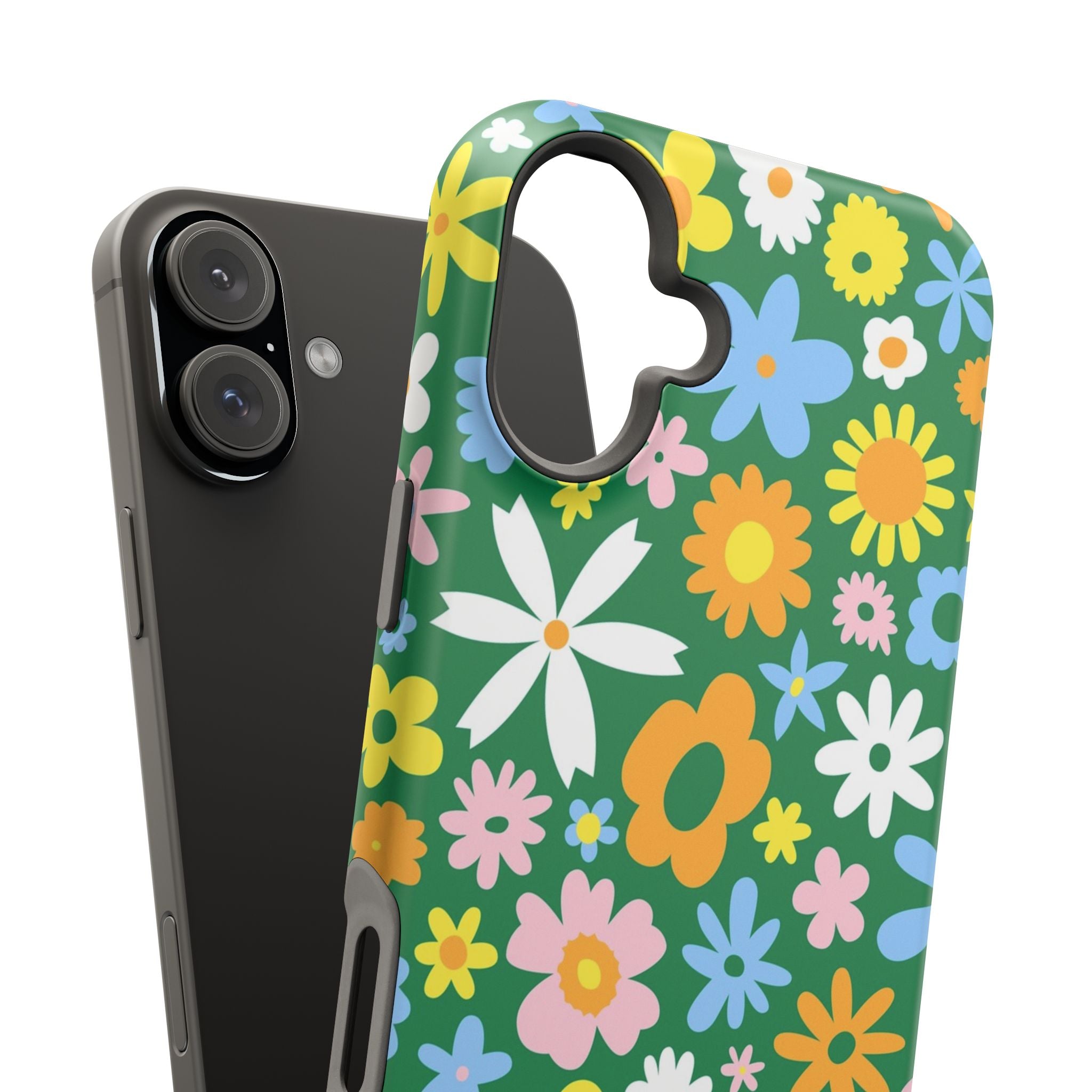 Vibrant MagSafe iPhone Case with floral hippie design, green background, Chasing Blooms cute phone cover, colorful flower accents.