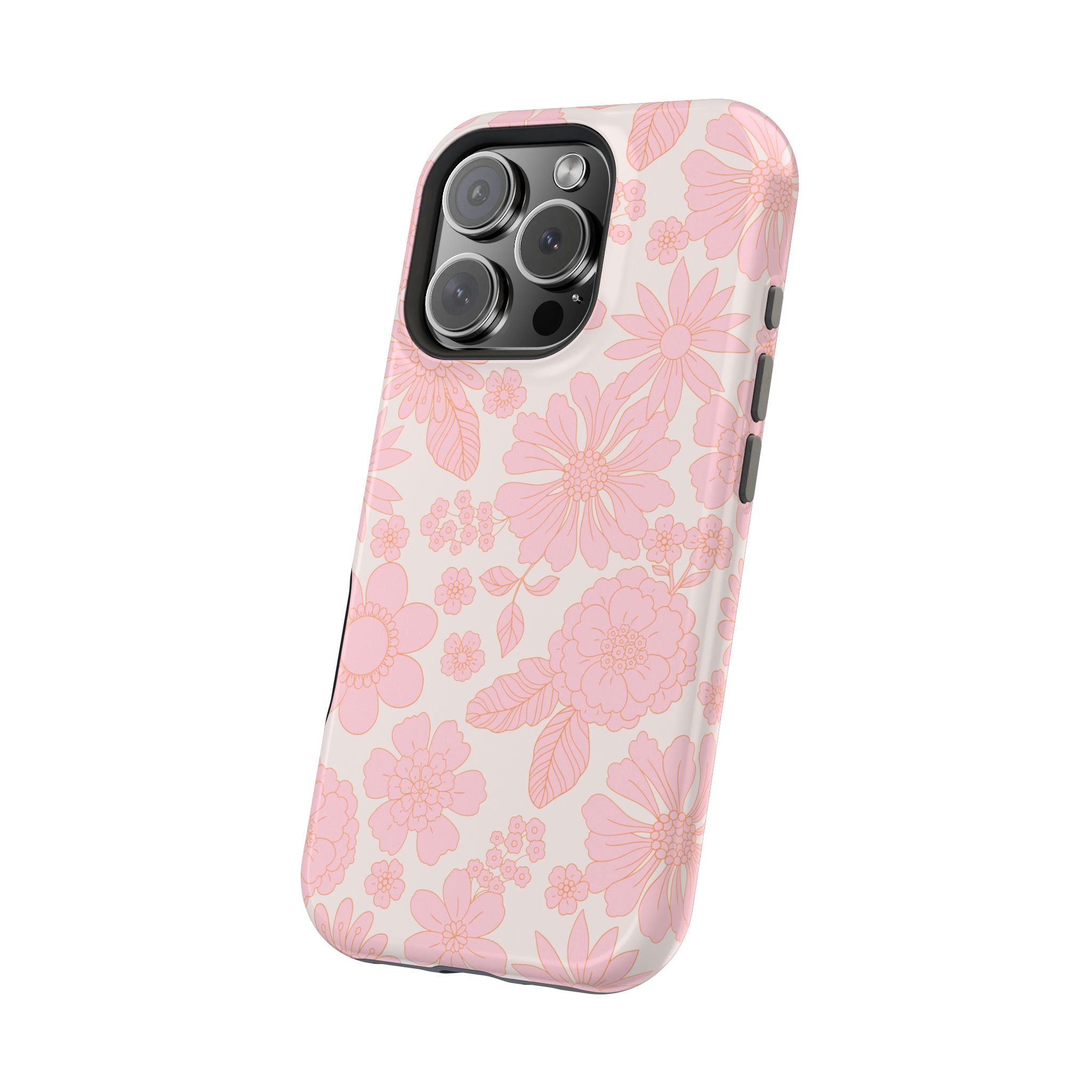 Pink floral phone case for iPhone 16, cottagecore aesthetic, MagSafe compatible, cute protective cover.