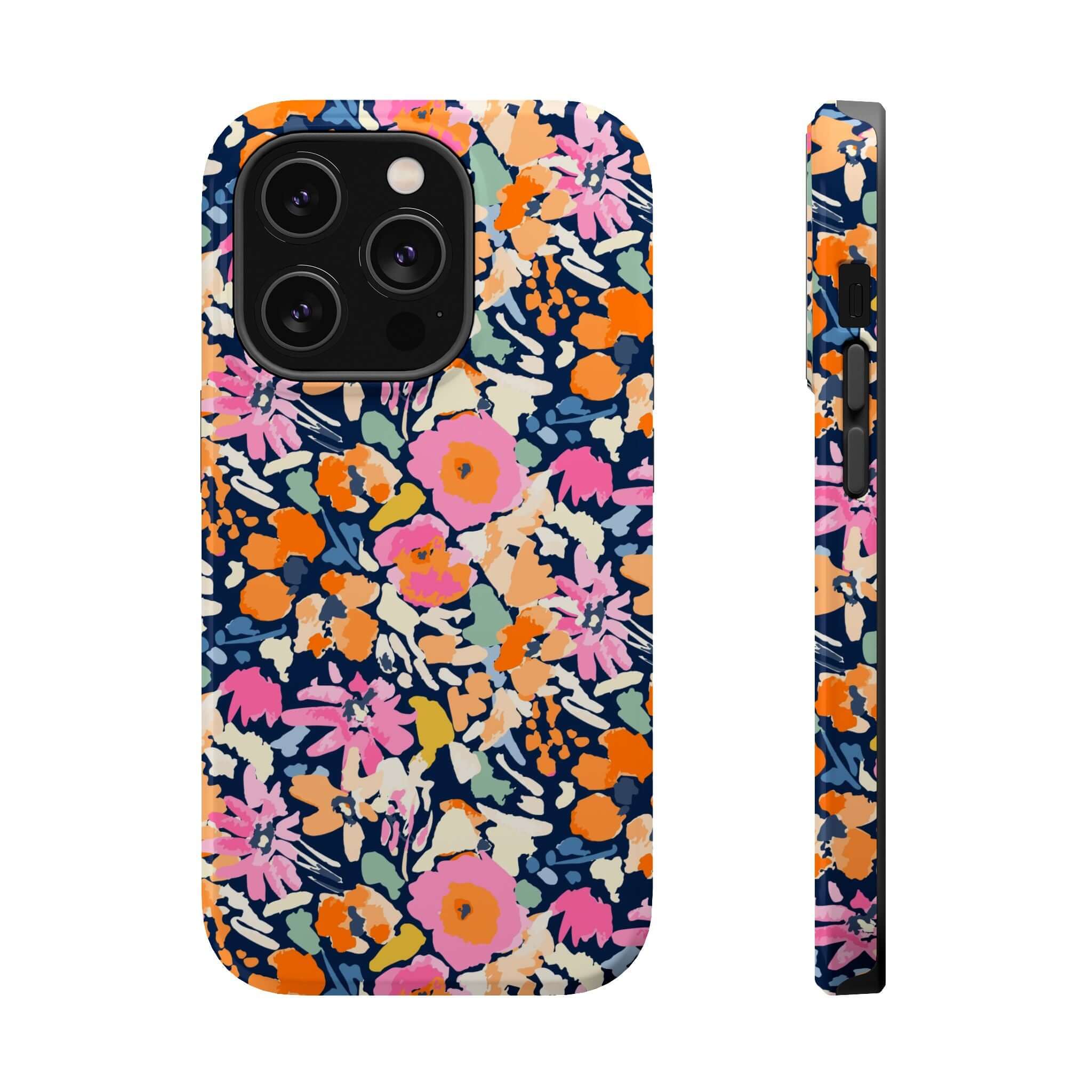 Colorful floral Botanic Burst Cute MagSafe iPhone 16 case, cute protective phone case with vibrant flowers, front and side view