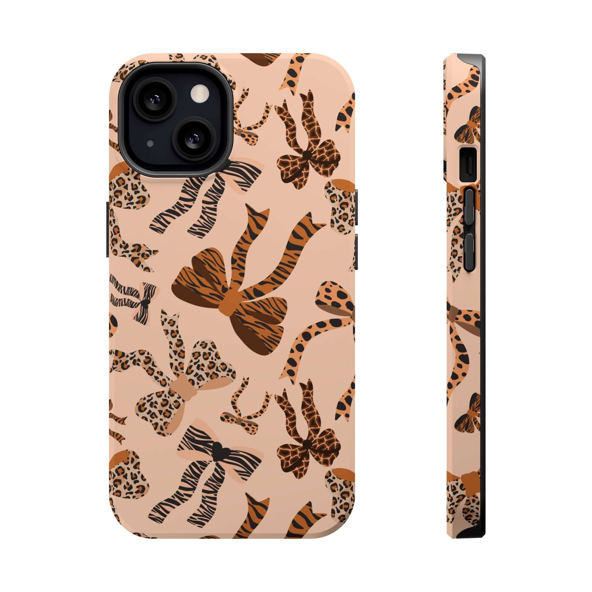 Colorful abstract iPhone case with cute leopard bows, Safari Coquette phone case, playful MagSafe design for a stylish look.