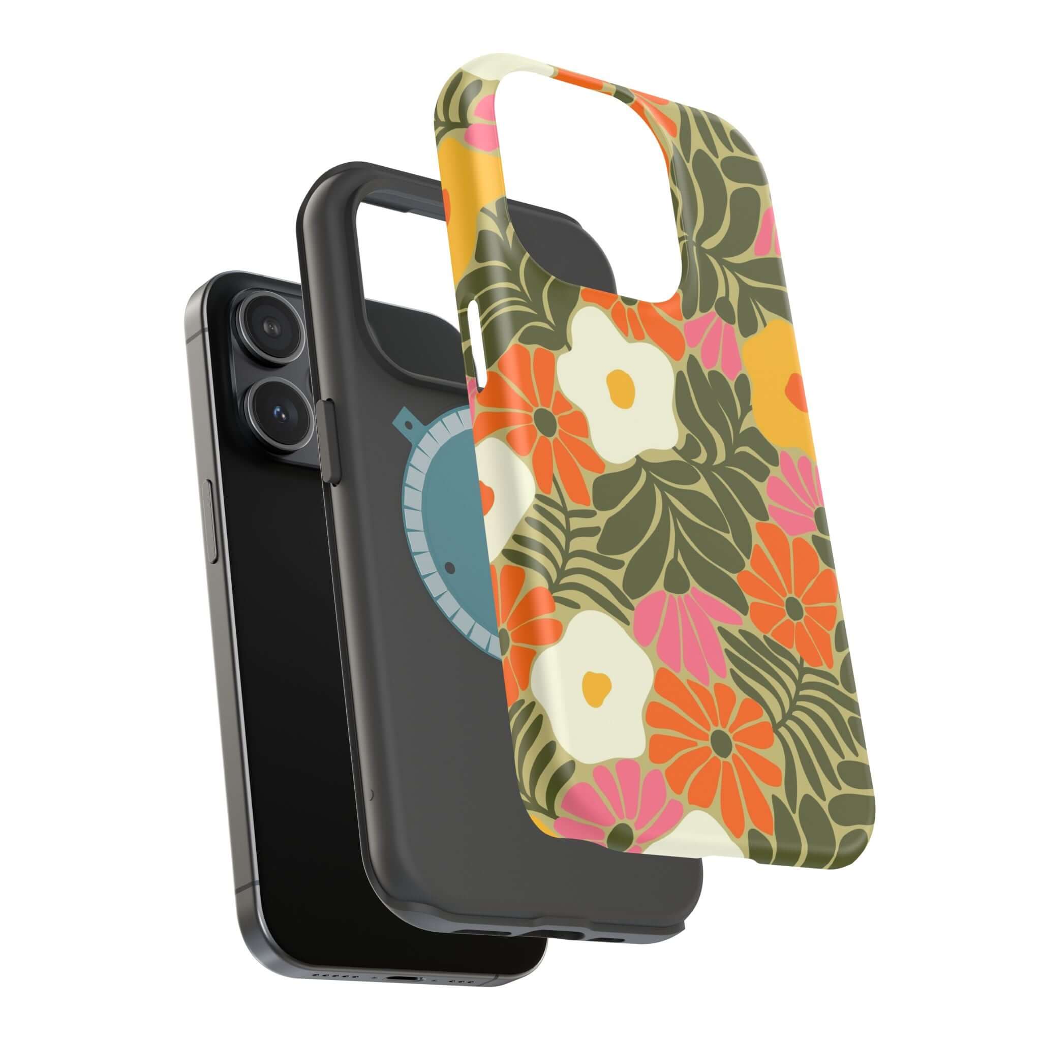 Retro floral phone case showcasing vibrant tropical design, perfectly protecting Apple iPhone in style.