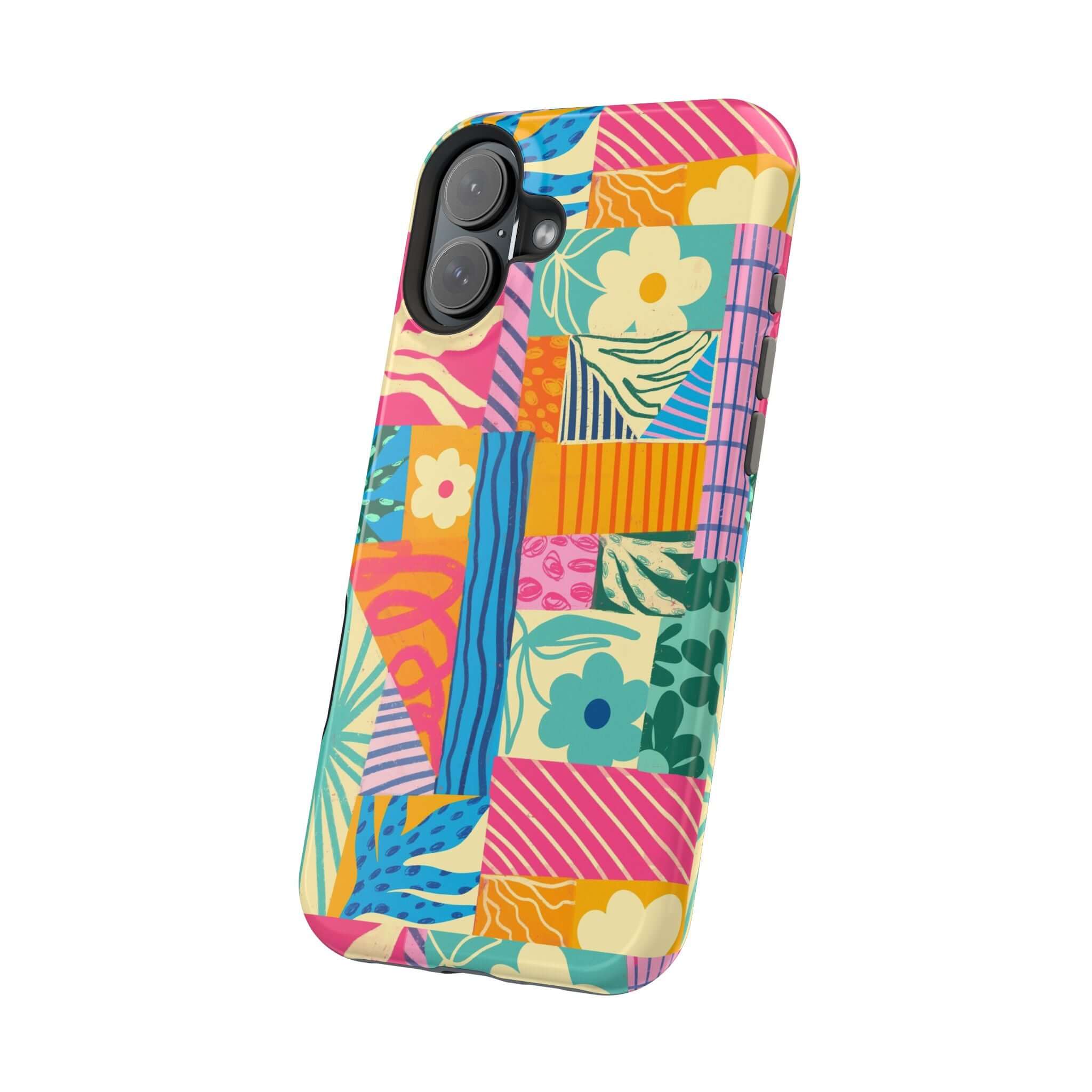 Colorful patchwork phone case for iPhone 16 with floral and geometric patterns, perfect for beach lovers and adding a cute style.