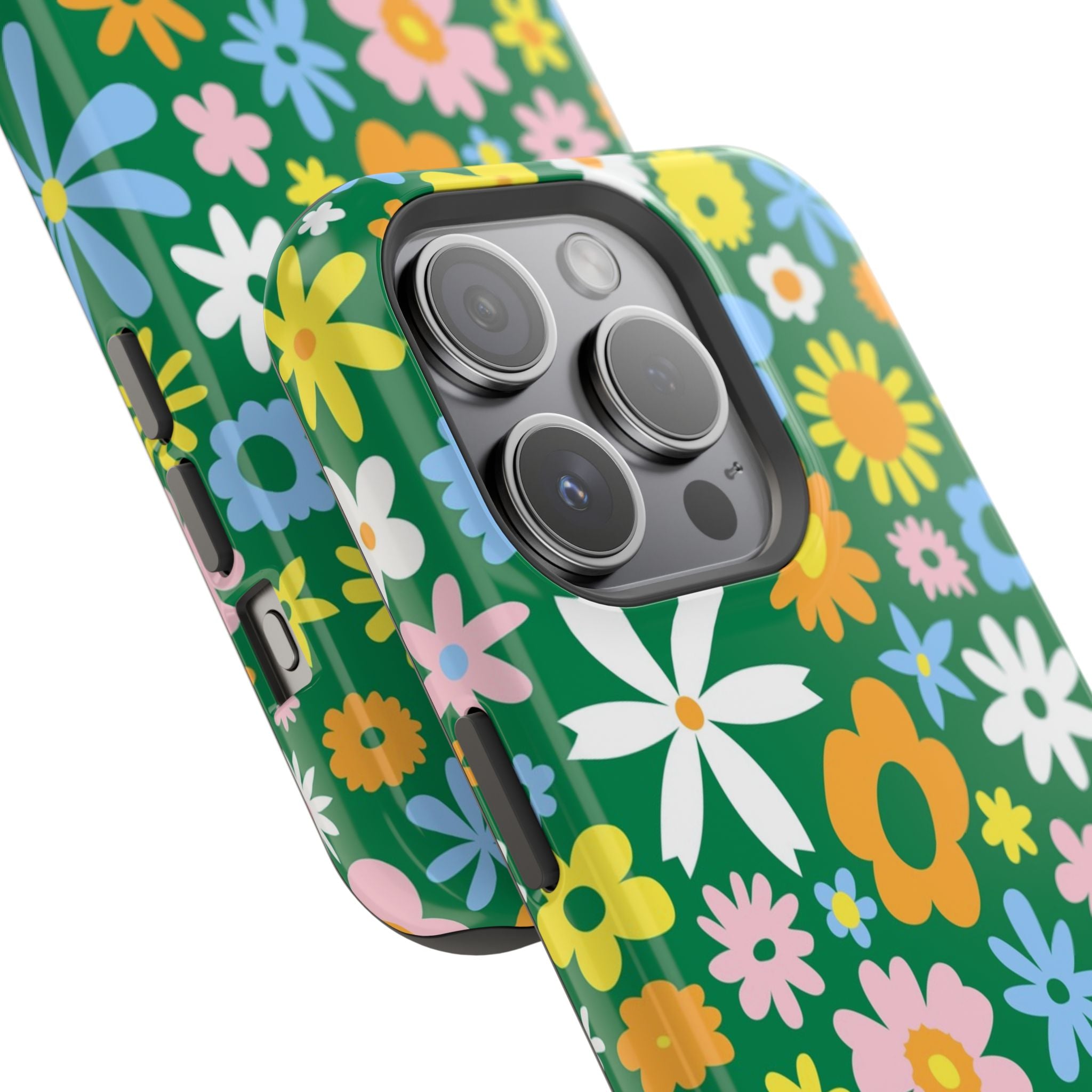 Vibrant green hippie floral MagSafe iPhone case with colorful flower design, perfect cute phone cover for a quirky style.