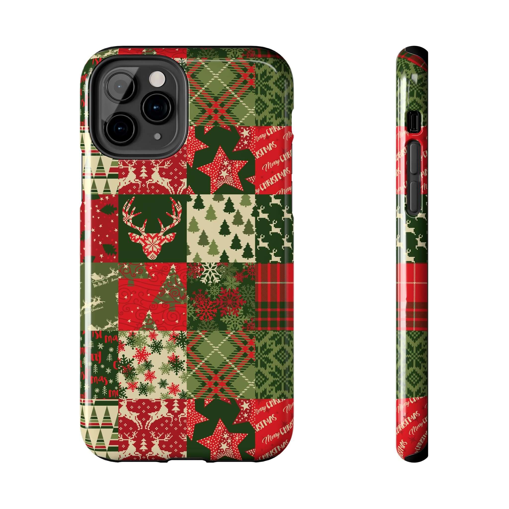 Cozy Quiltmas green holiday phone case with festive design featuring Christmas trees, snowflakes, and cute patterns for iPhones.