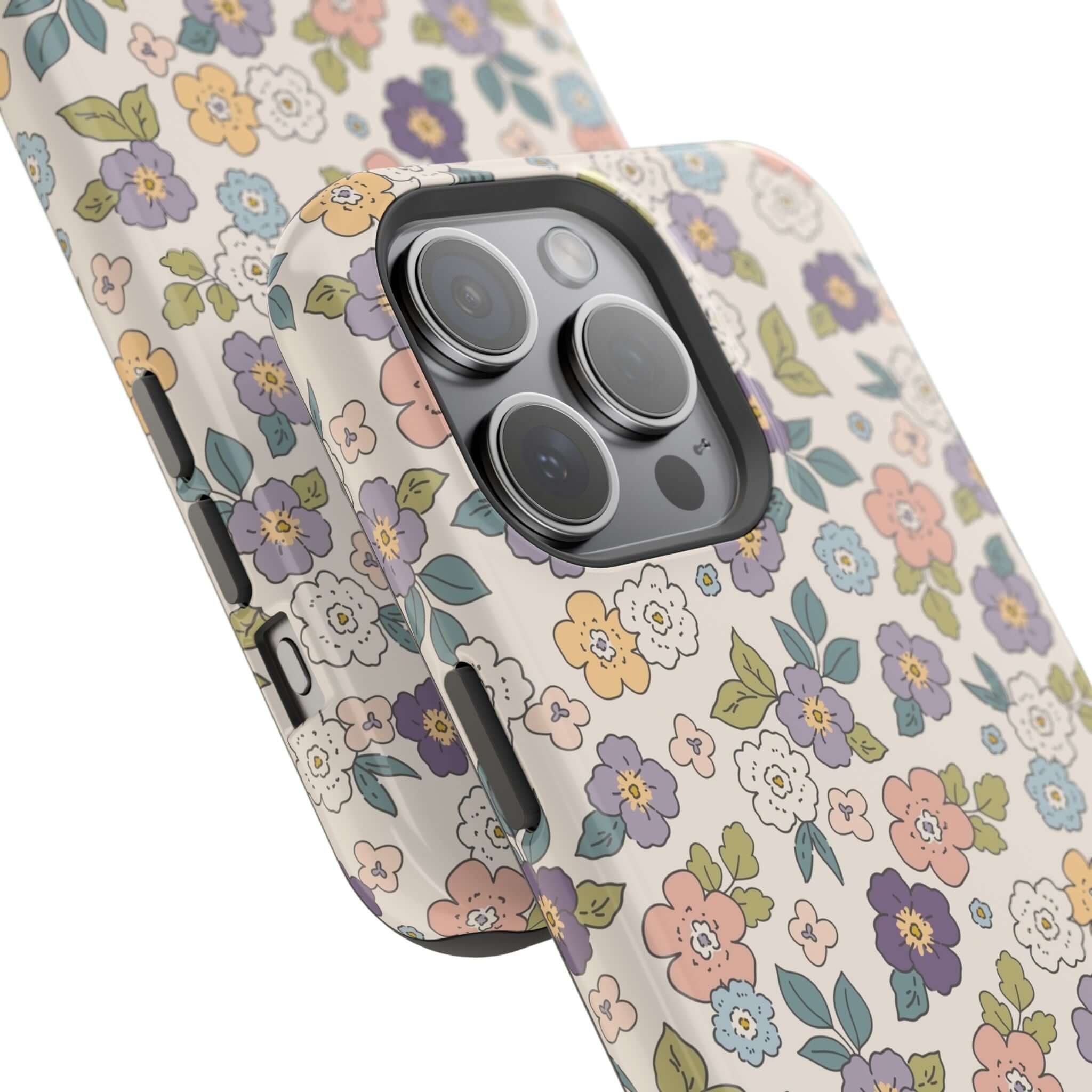 Colorful Ditsy Daisies floral iPhone case showcasing cute flower design and MagSafe compatibility, perfect for stylish users.