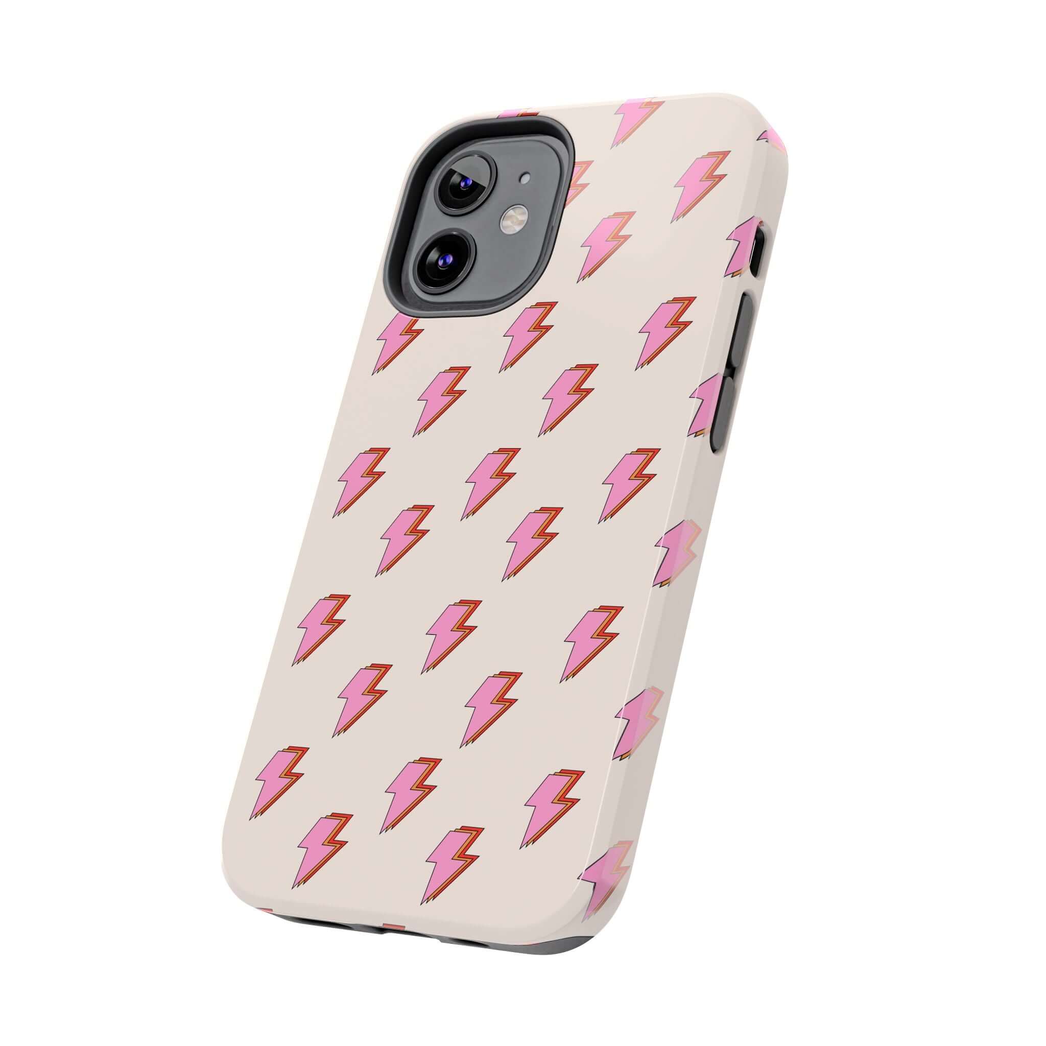 Cute iPhone 14 case with pink lightning bolt design, retro style - Electric Vibes Lightning Bolt Case