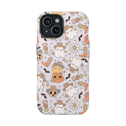 Cute Halloween phone case with western fall vibes, featuring ghosts, pumpkins, and flowers perfect for a festive iPhone accessory.