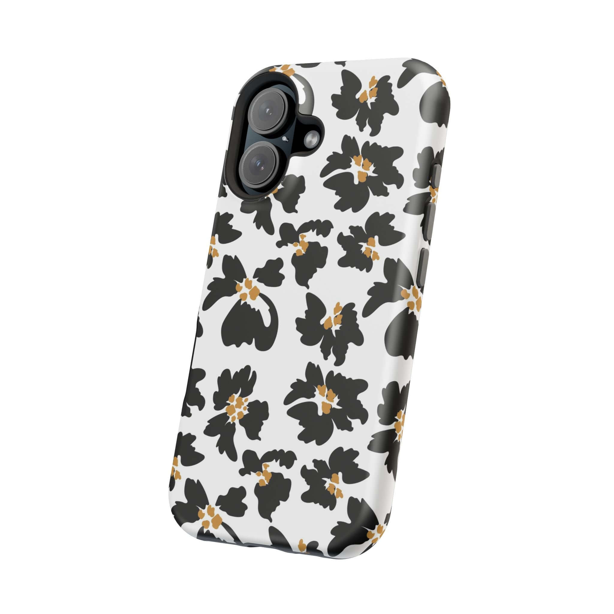 Modern Noir Flora black floral iPhone case with cute design, animal print style, MagSafe compatible for stylish phone protection.