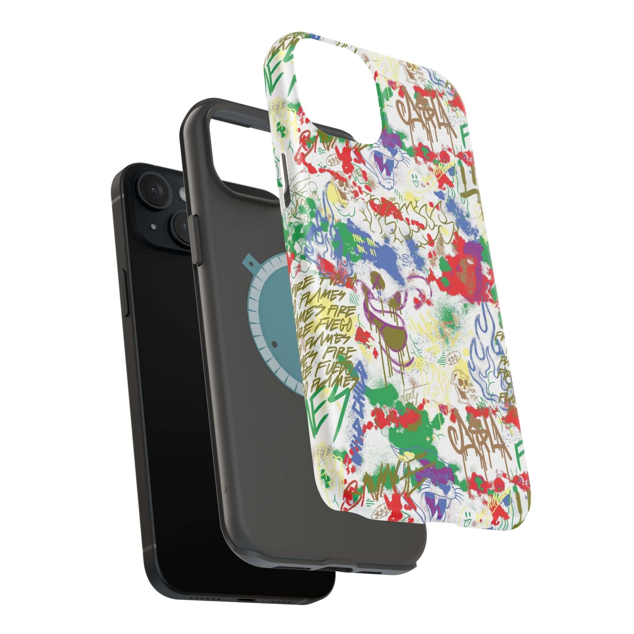 Colorful graffiti phone case design with MagSafe technology, showcasing street art style for iPhone protection.