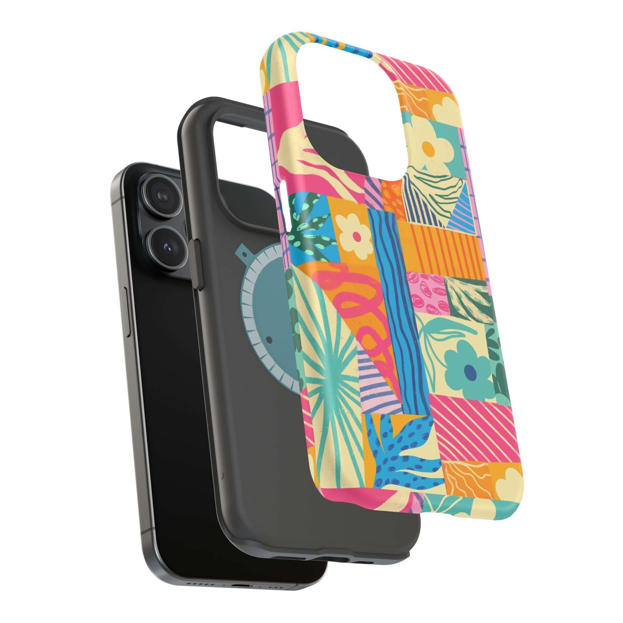 Colorful patchwork phone case for iPhone 16 with vibrant design, perfect for beach lovers seeking a cute and fun style.