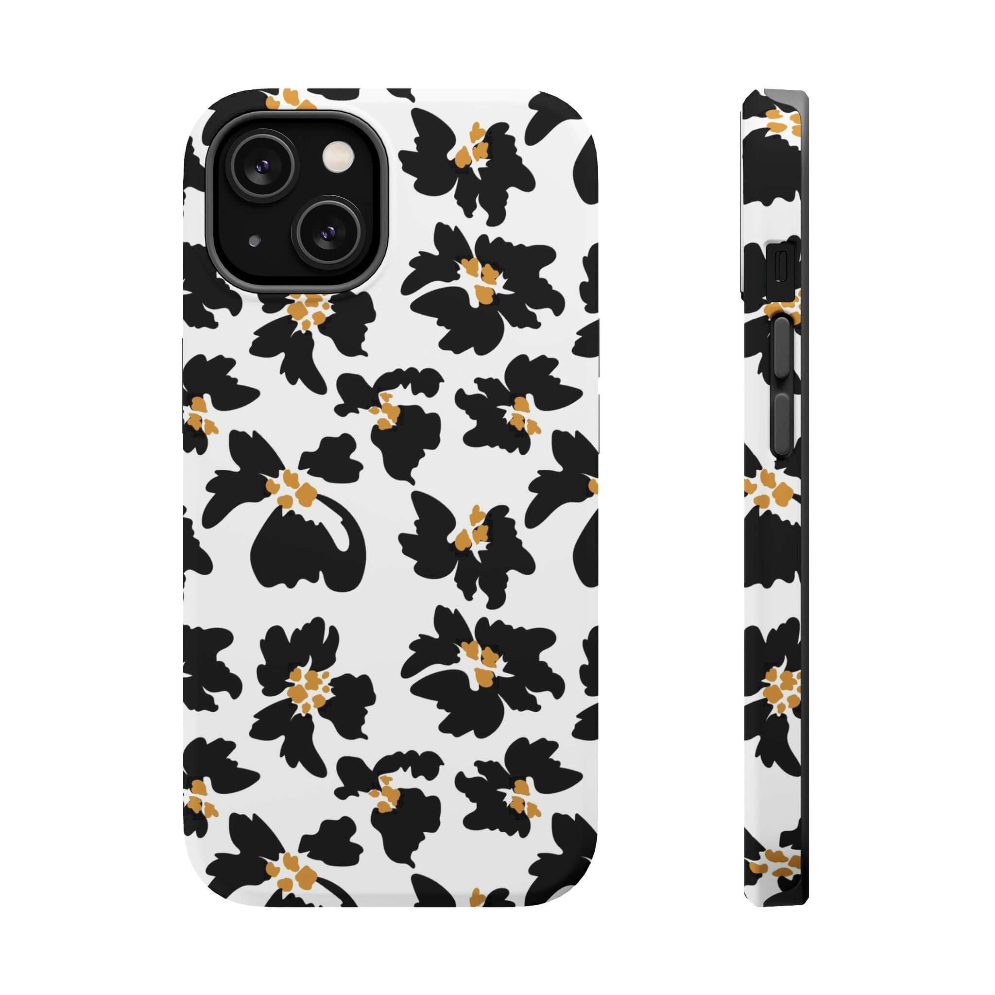 Modern Noir Flora black floral phone case with animal print design, perfect cute MagSafe iPhone accessory for fashion-forward users.