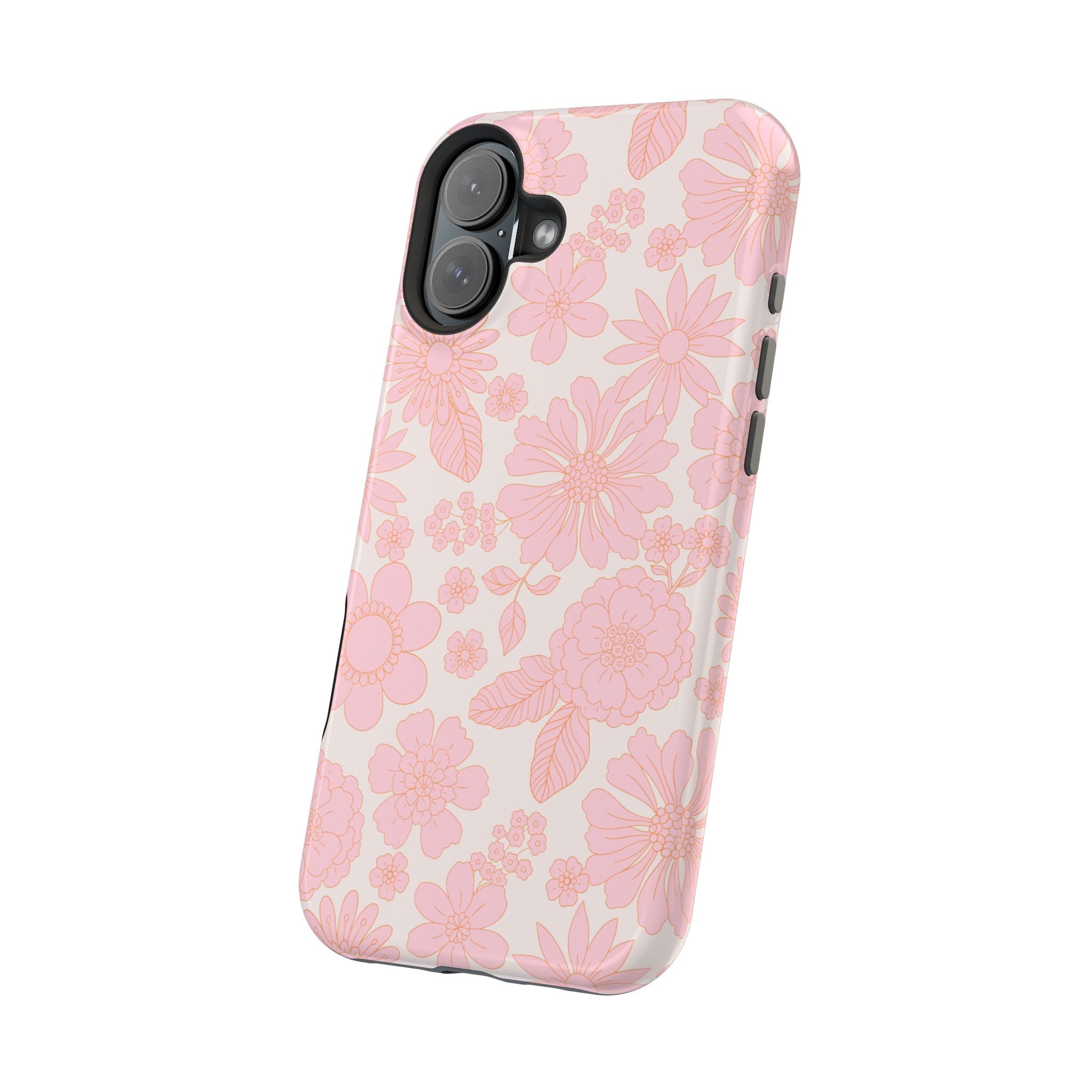 Cute pink floral iPhone 16 case with MagSafe; Charming Petals design for cottagecore aesthetic; girly girl phone cover.