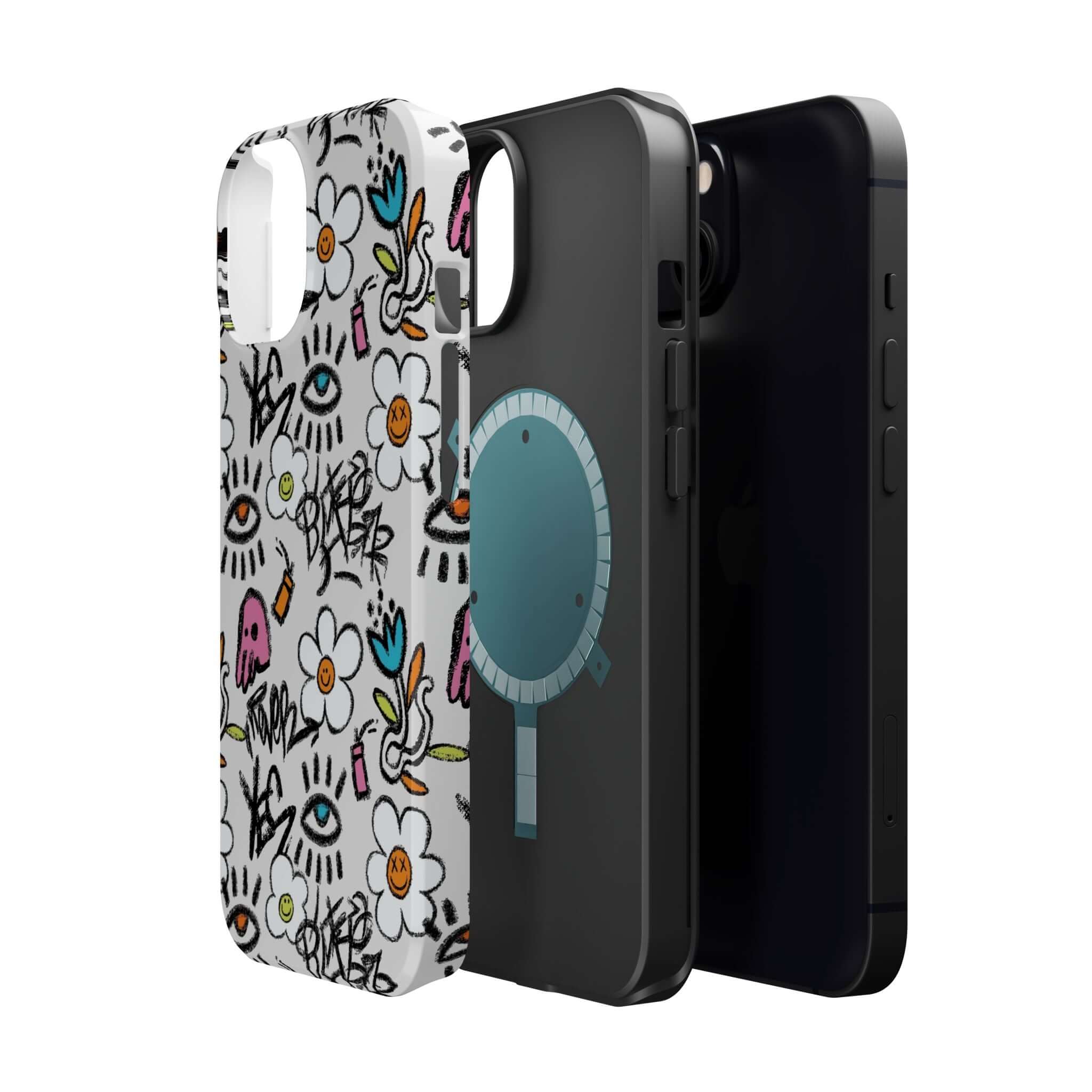 Three vibrant phone cases including the Happy Chaos Floral Graffiti design, showcasing stylish and cute phone covers.