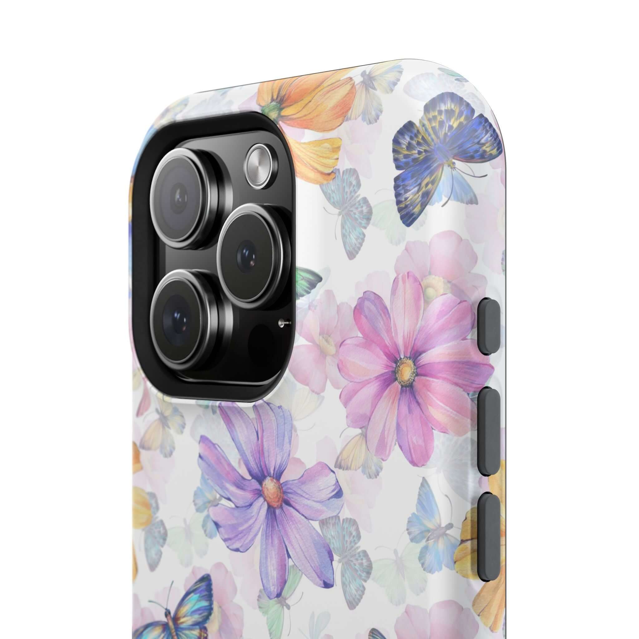 Fluttering Blooms Watercolor Butterfly MagSafe iPhone Case with cute protective design for iPhone 16 featuring colorful flowers and butterflies.