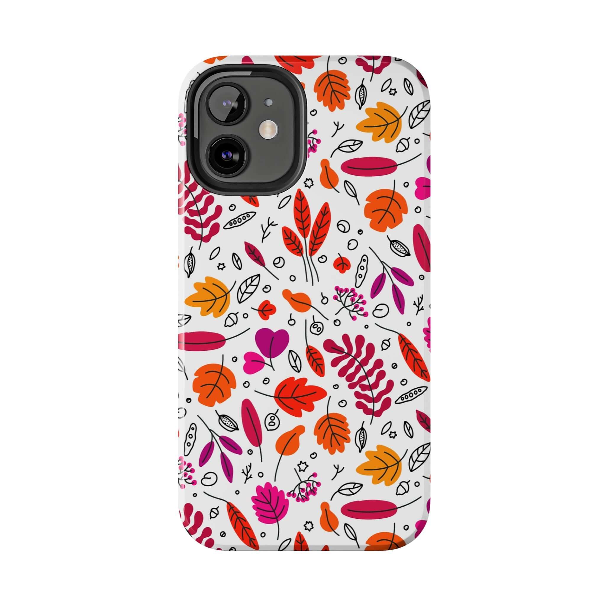 Cute iPhone case with colorful fall leaves design for autumn season, perfect Halloween phone case with wireless charging option