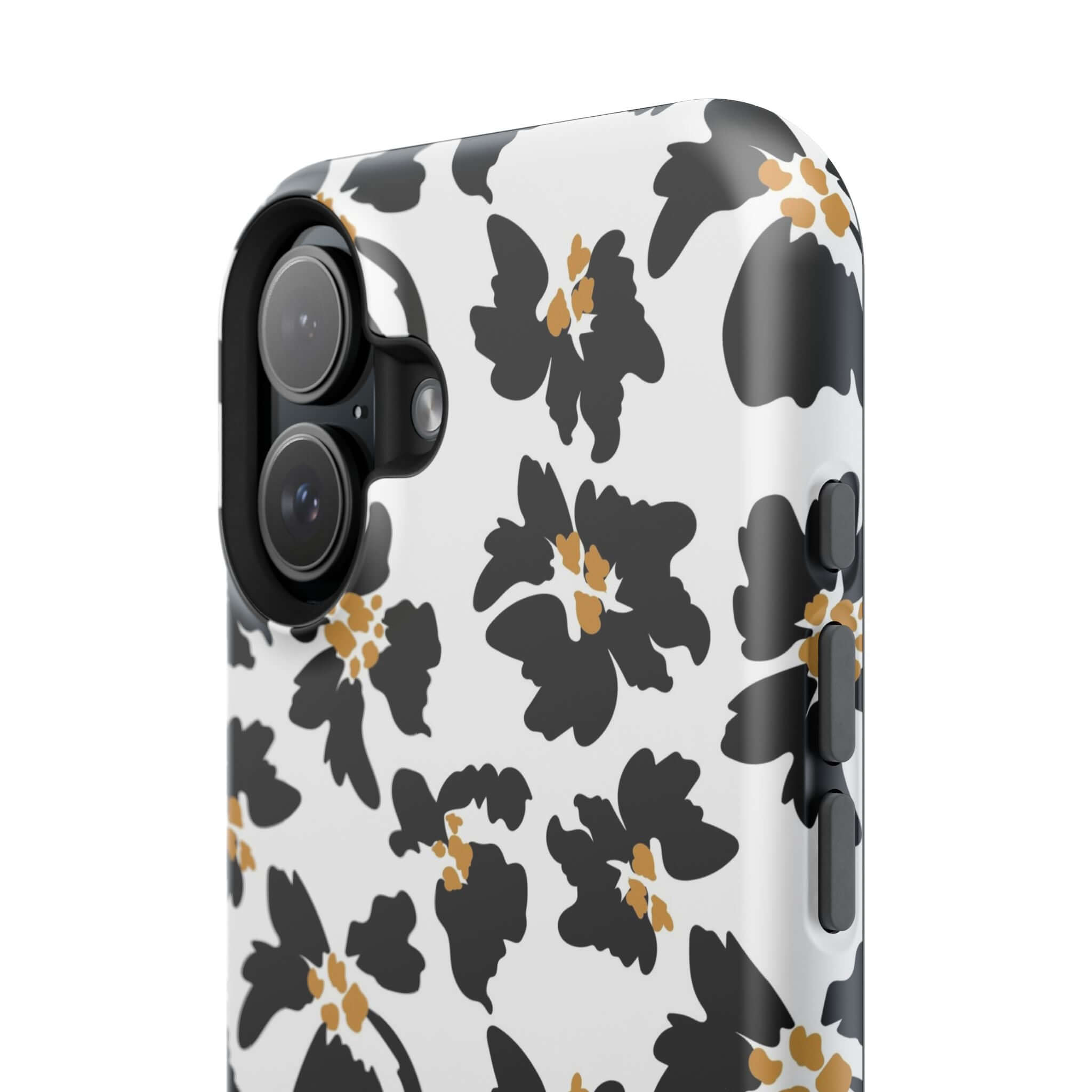 Modern phone case with black floral pattern, cute MagSafe design, animal print style for iPhone.