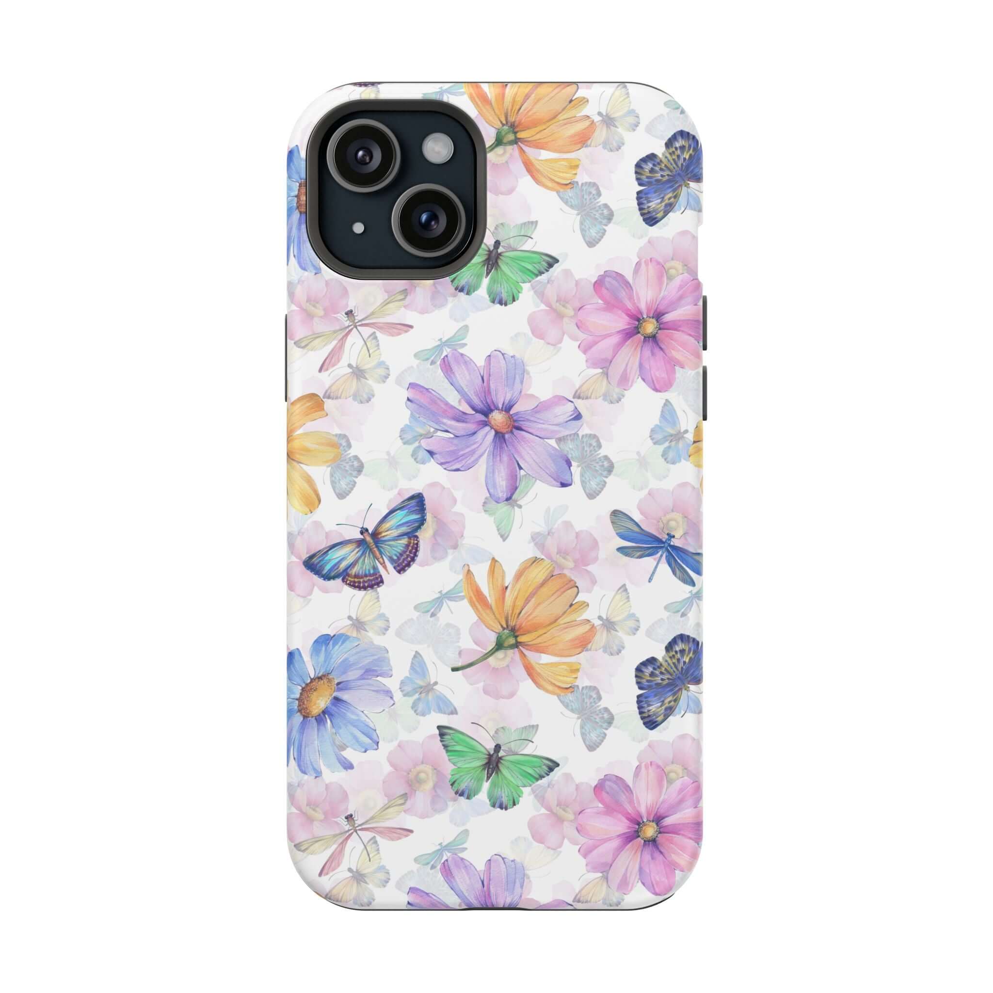 Fluttering Blooms Watercolor Butterfly Case for iPhone with MagSafe, cute protective phone case featuring colorful flowers and butterflies.