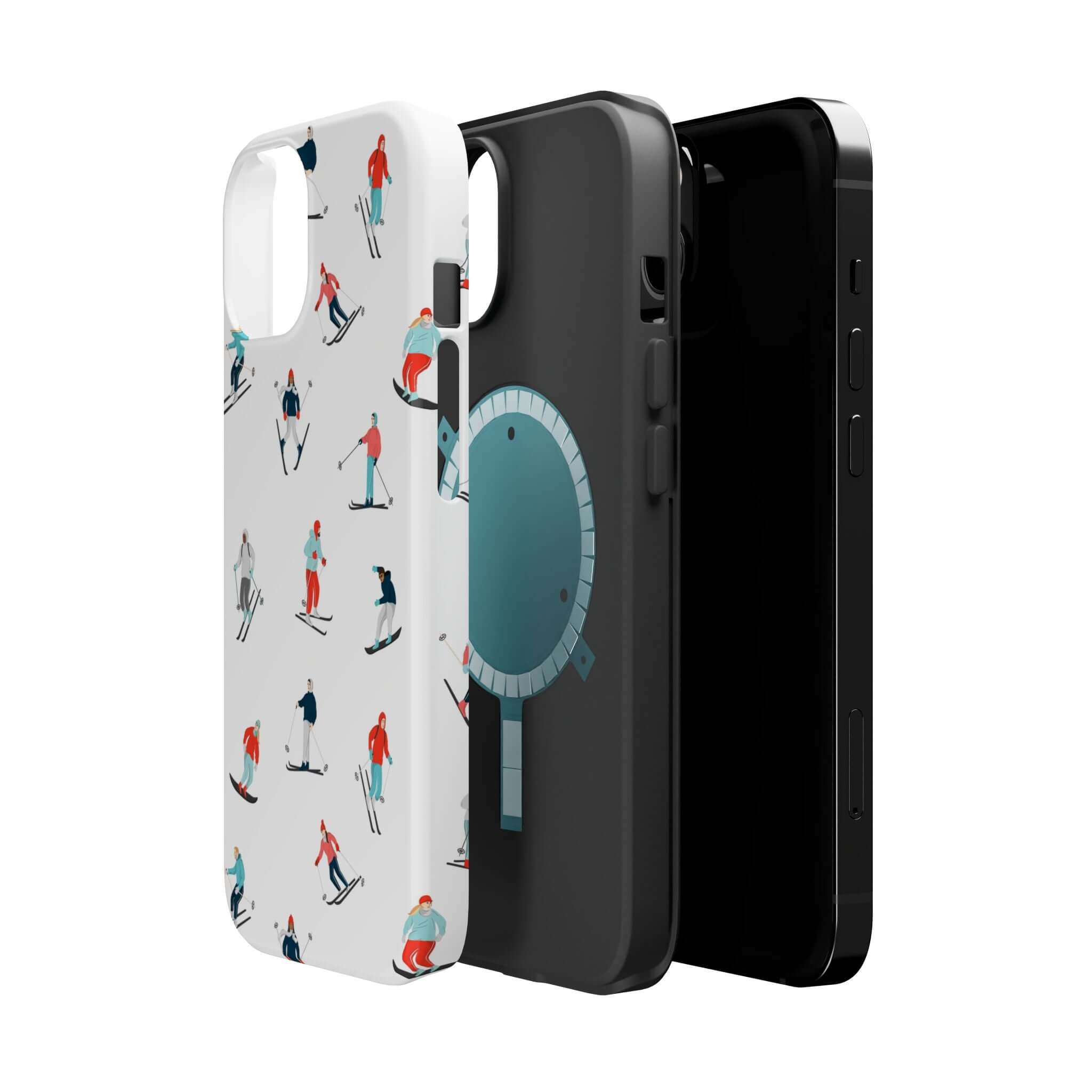 Cute Snowy Slopes phone case design featuring winter skiing illustrations, perfect for iPhone protection.