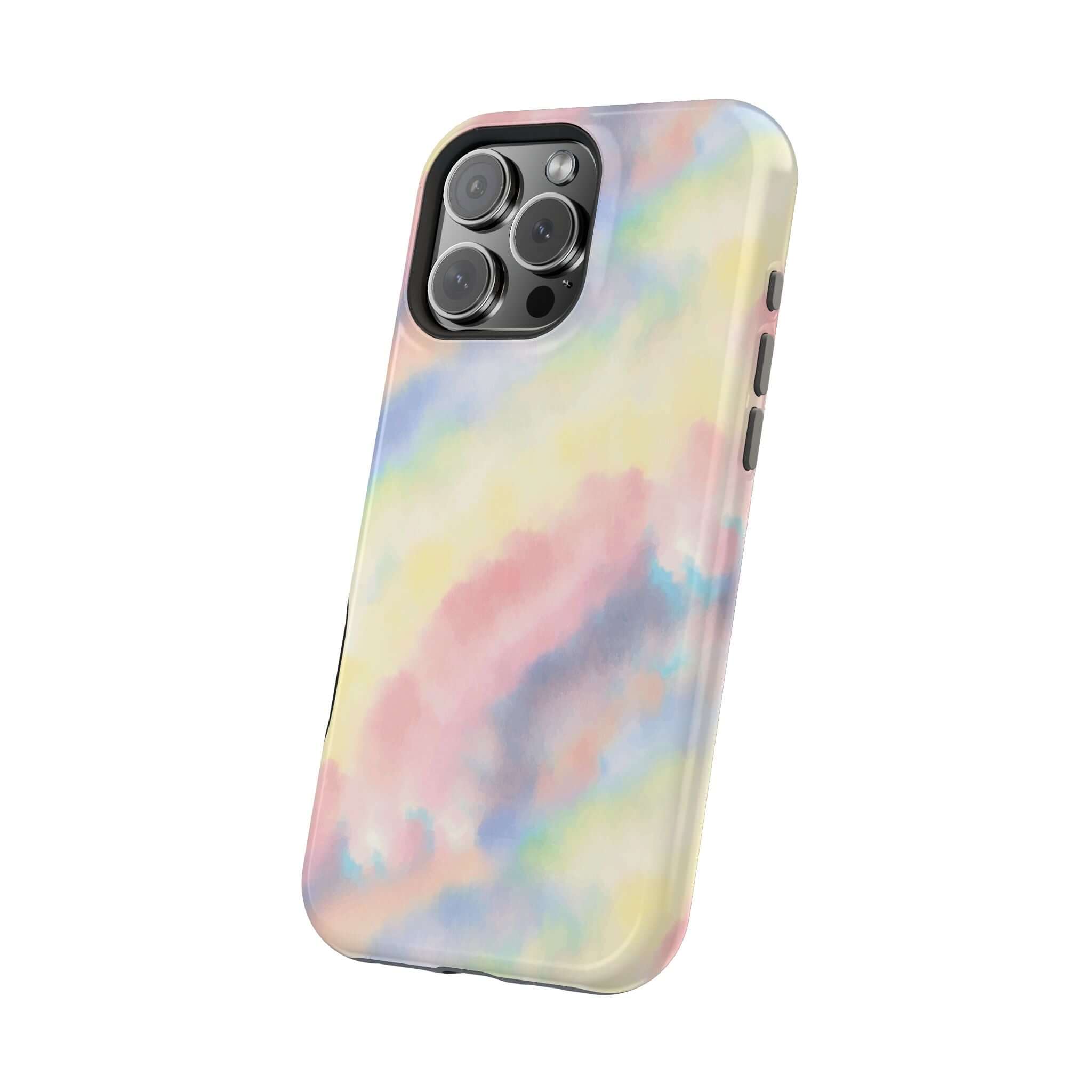 Cute iPhone Case with unicorn pastel tie dye design, MagSafe compatible, custom phone case design for iPhone.