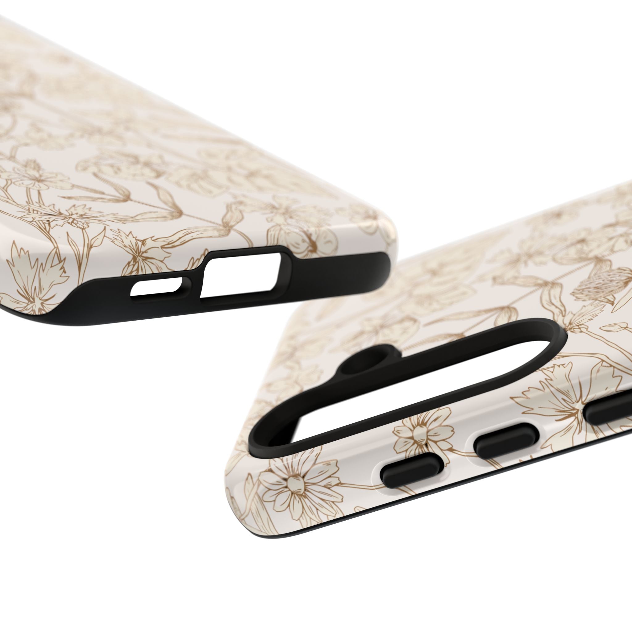 Beige Thyme tan garden phone case with floral design, compatible with Samsung and iPhone 16, cute and stylish protection.