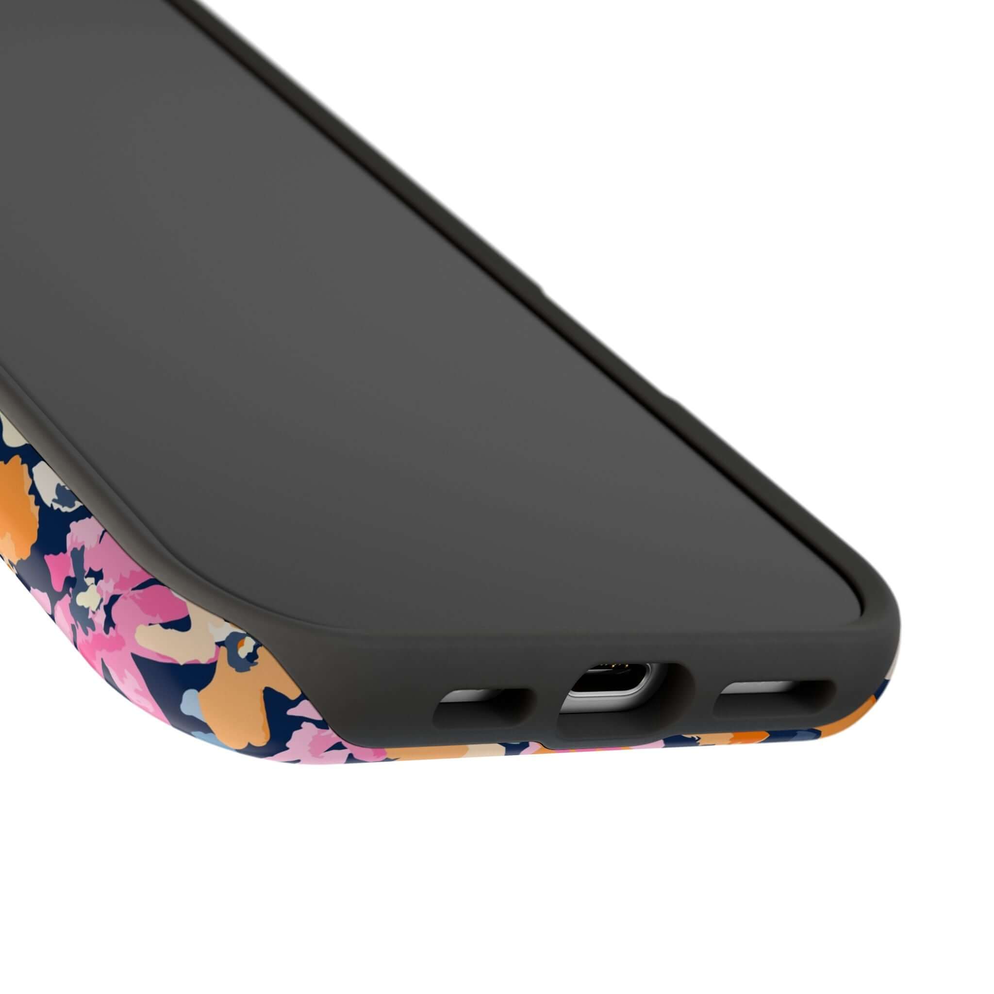 Bottom view of iPhone with Botanic Burst colorful floral MagSafe case, showcasing the vibrant and protective design for iPhone 16.