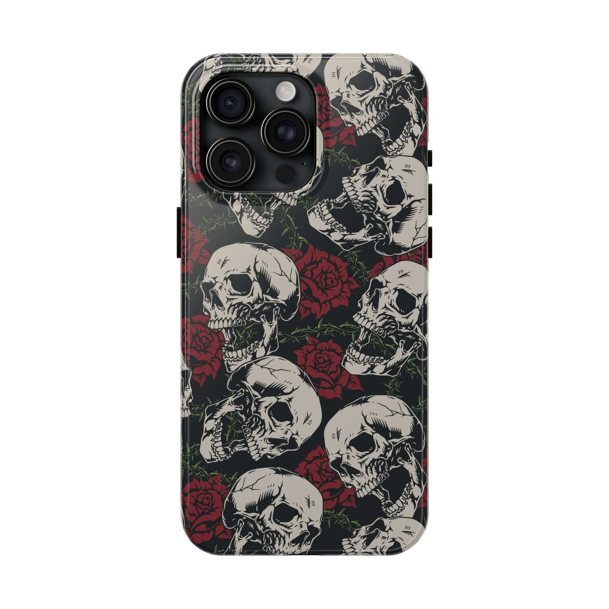 Skull Rose case for iPhone 16, featuring rebellious biker design with skulls and roses. Cute and protective MagSafe iPhone case.