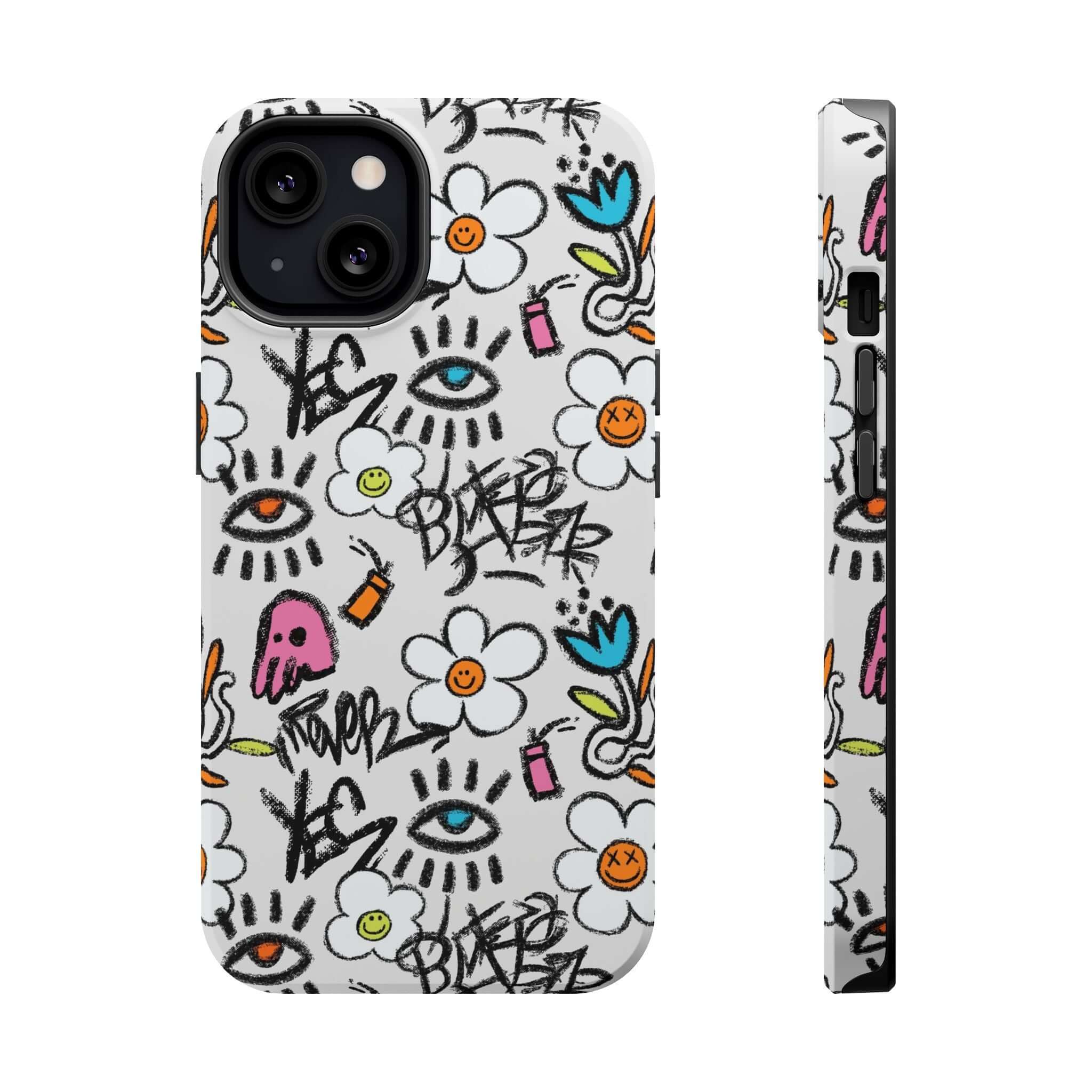 Cute Floral Graffiti Phone Case for iPhone, featuring vibrant colors and playful designs, ideal for a stylish look.