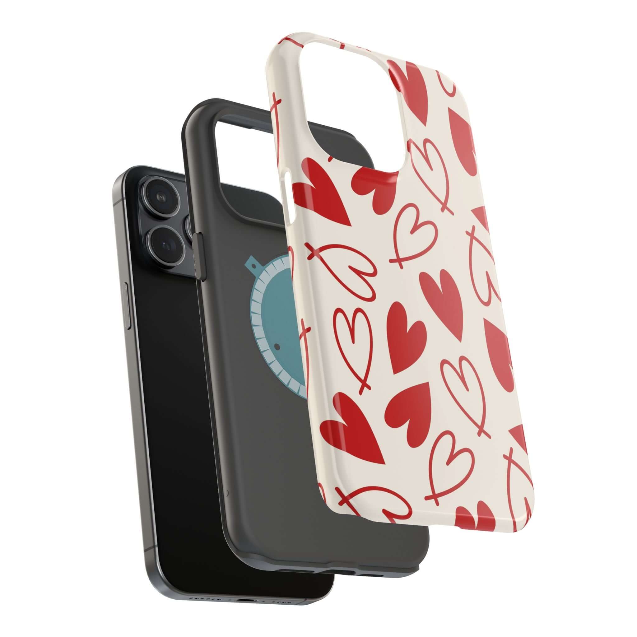 Cute phone cover with red hearts design for iPhone, showing playful and quirky Be Mine style.