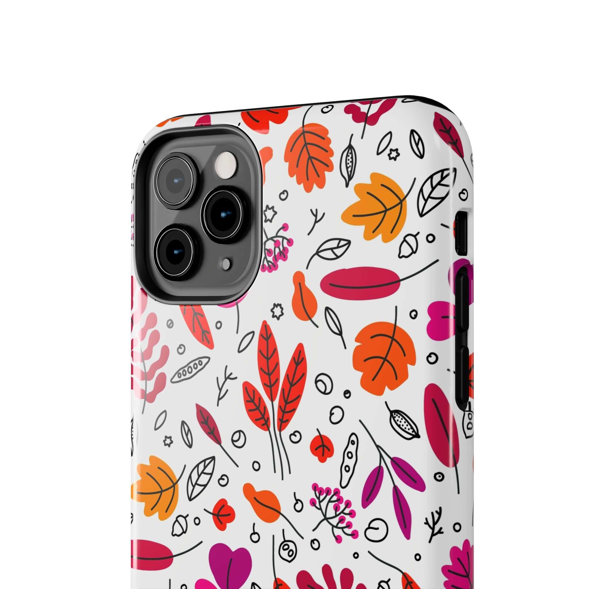 Fall in Love Fall Leaves case on iPhone with autumn leaf design. Cute Halloween phone case, perfect for fall season protection and style.