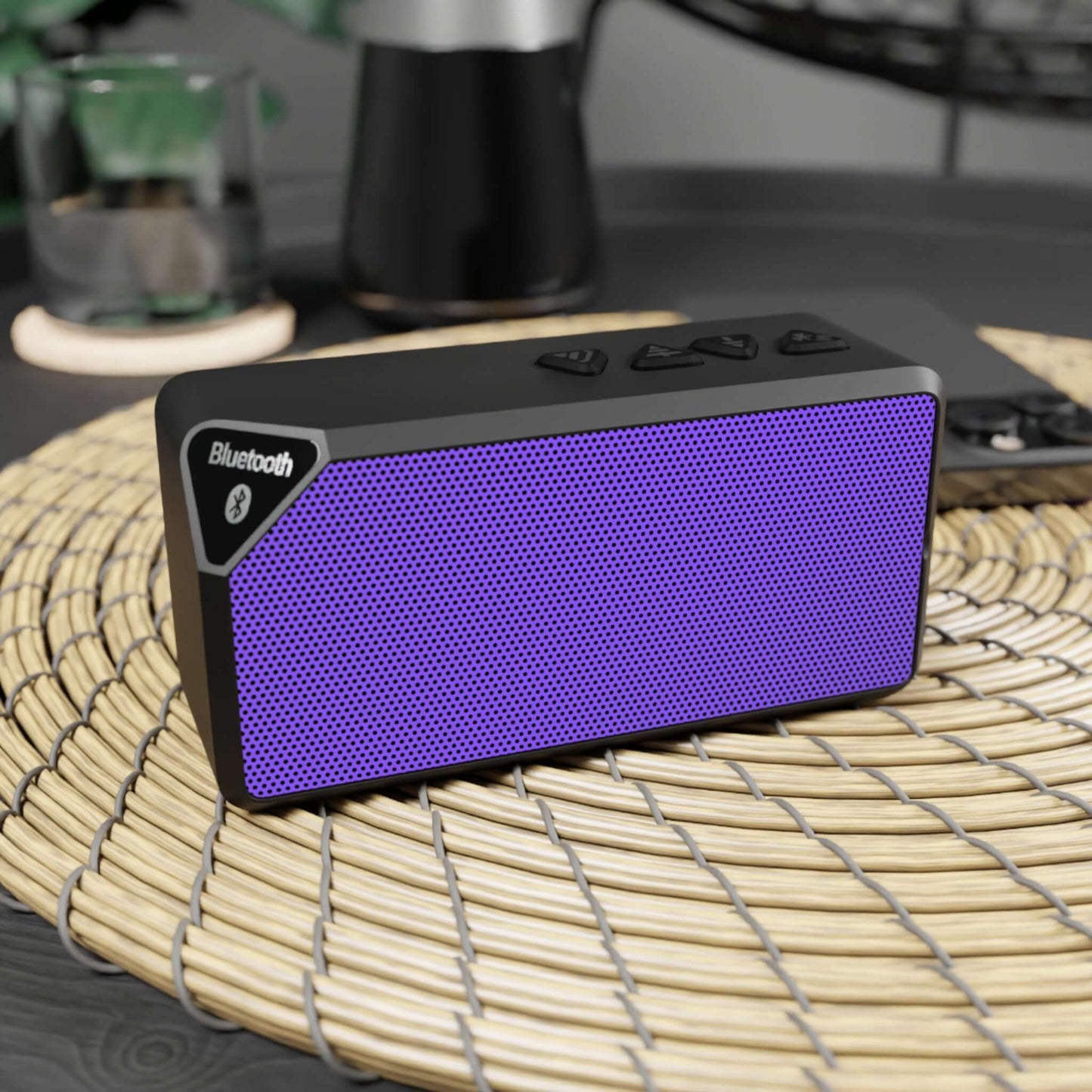 Purple Bluetooth speaker with durable ABS design, perfect for holiday gatherings and xmas phone case compatibility.