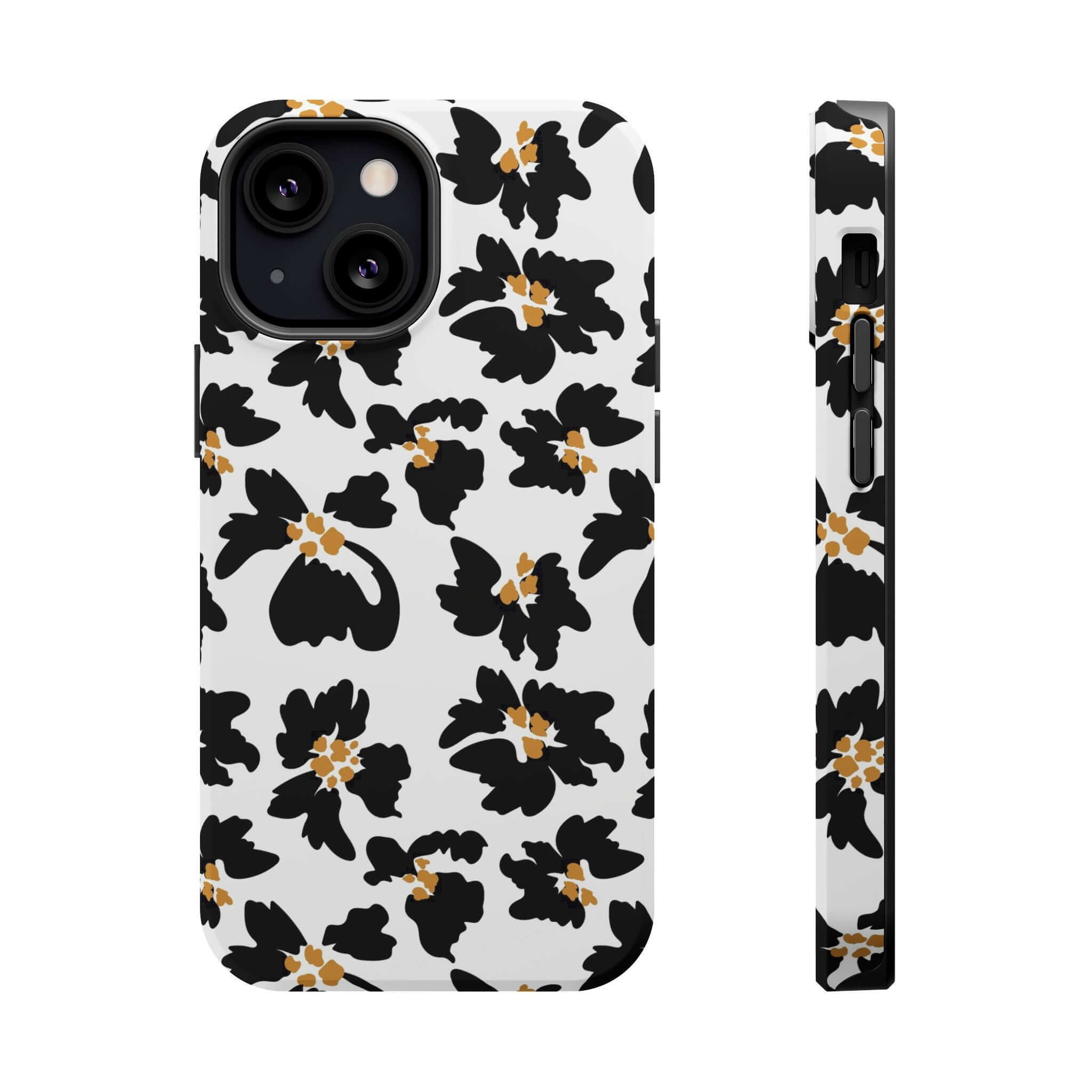 Modern Phone Case with Black Floral Pattern, Cute MagSafe iPhone Case Featuring Stylish Animal Print Design