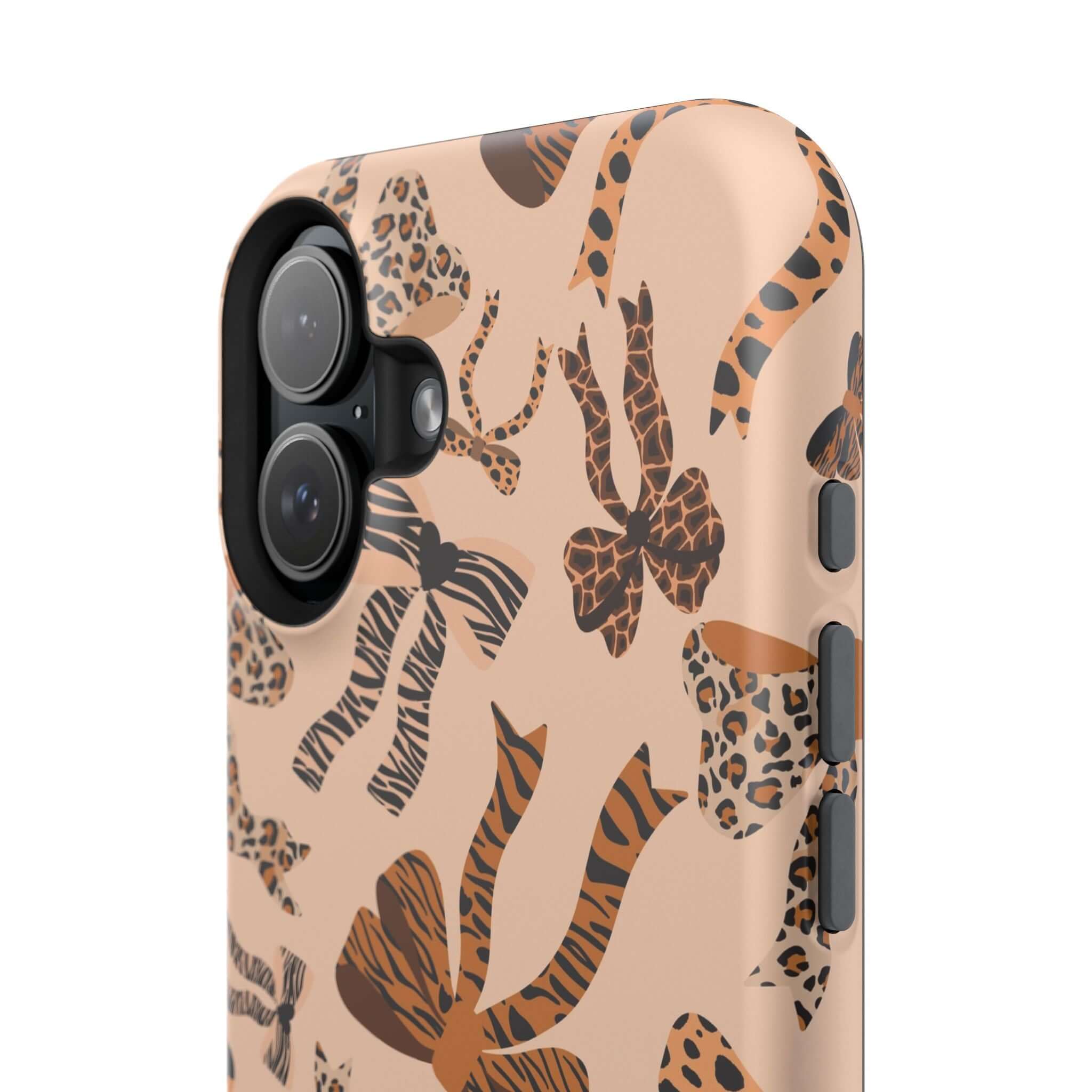 Colorful iPhone case with leopard pattern and cute bows, Safari Coquette design, abstract and stylish phone cover.