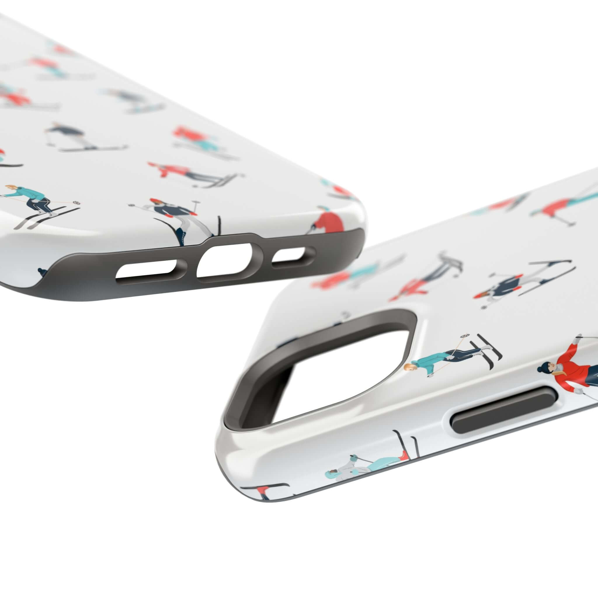 Cute phone cover featuring skiing design, perfect winter phone case for iPhone with MagSafe compatibility.